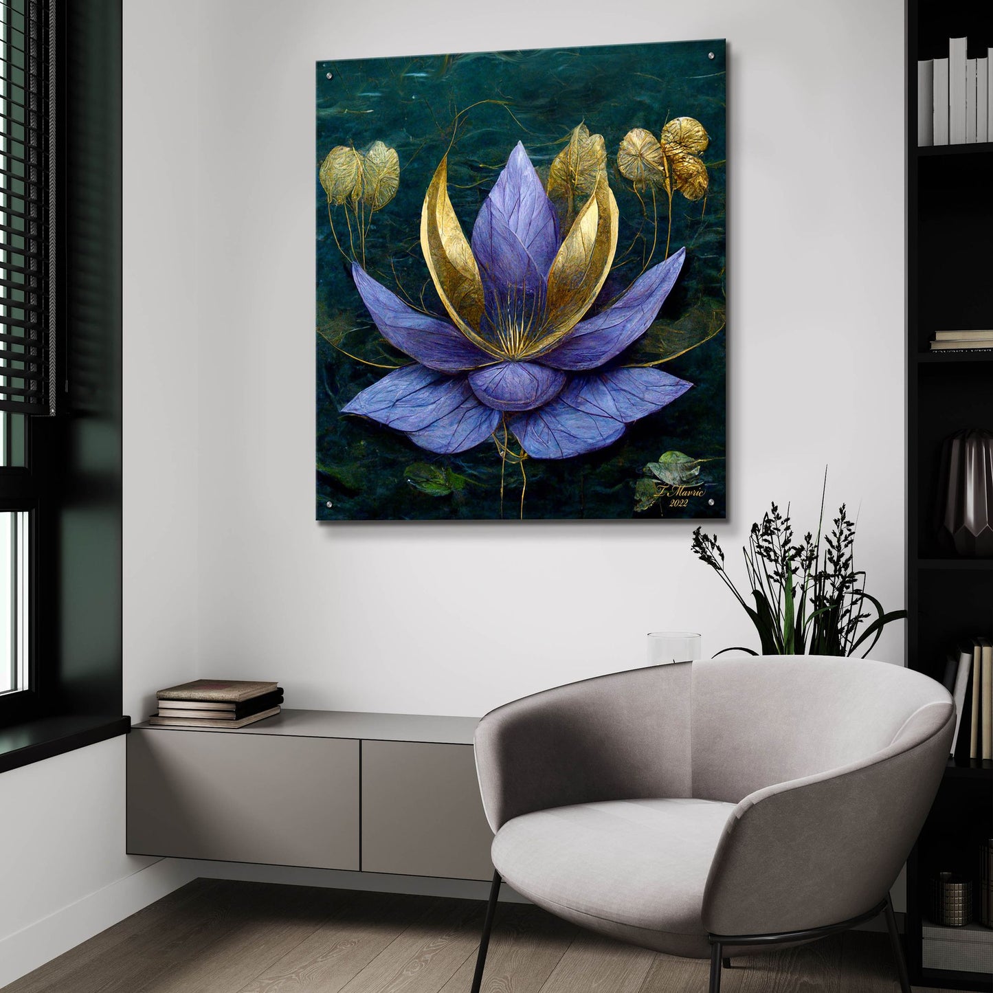 Epic Art 'Golden Blue Lotus' by Tanya Mavric, Acrylic Glass Wall Art,36x36