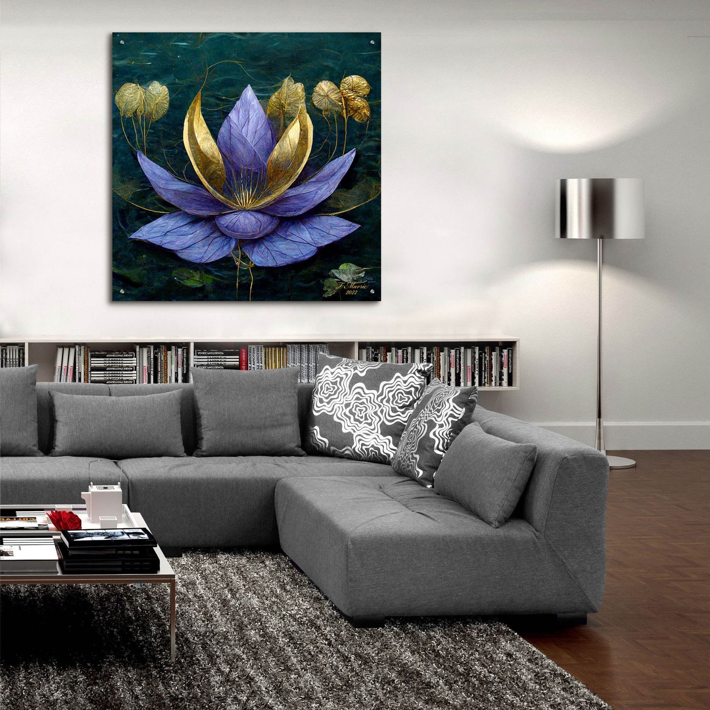 Epic Art 'Golden Blue Lotus' by Tanya Mavric, Acrylic Glass Wall Art,36x36