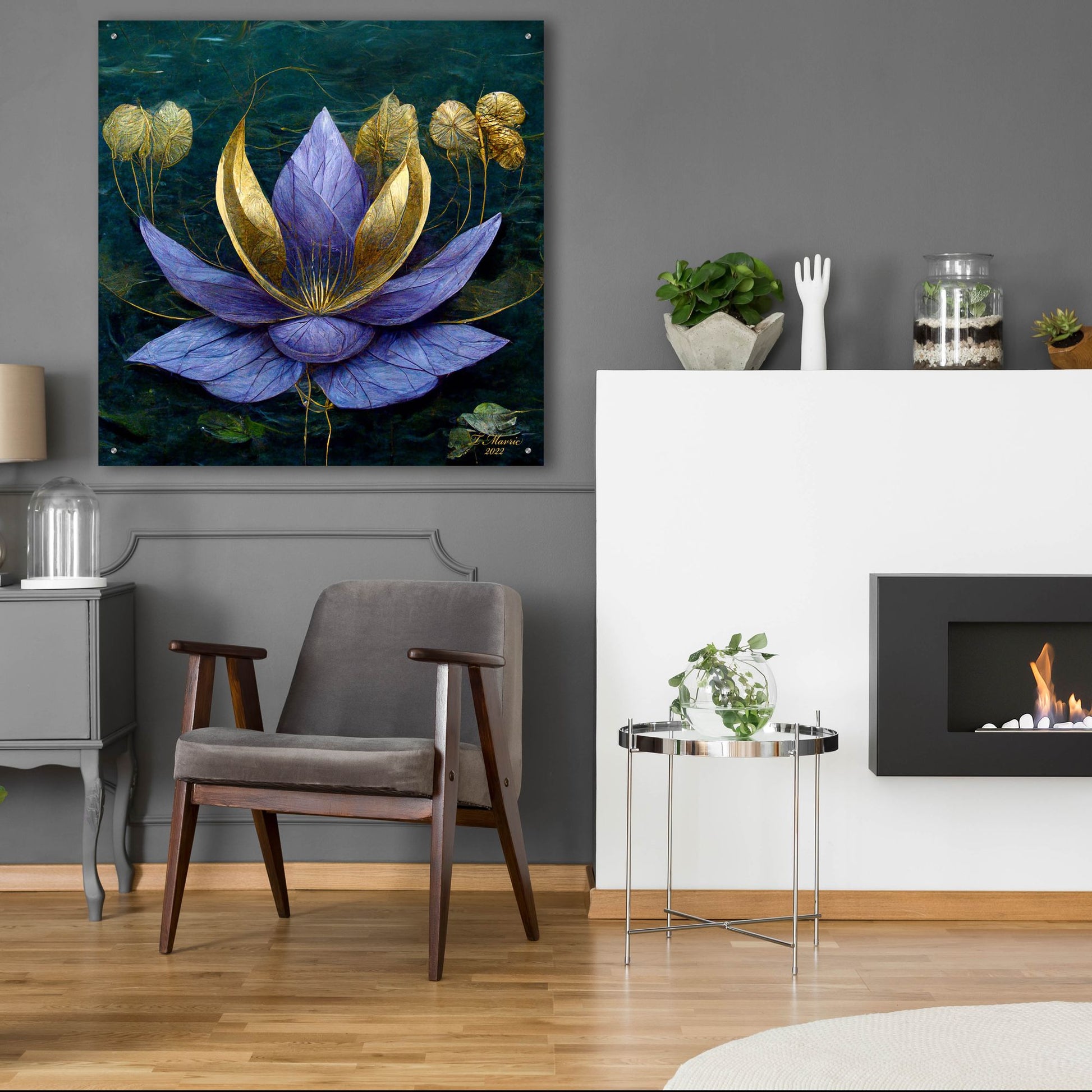 Epic Art 'Golden Blue Lotus' by Tanya Mavric, Acrylic Glass Wall Art,36x36