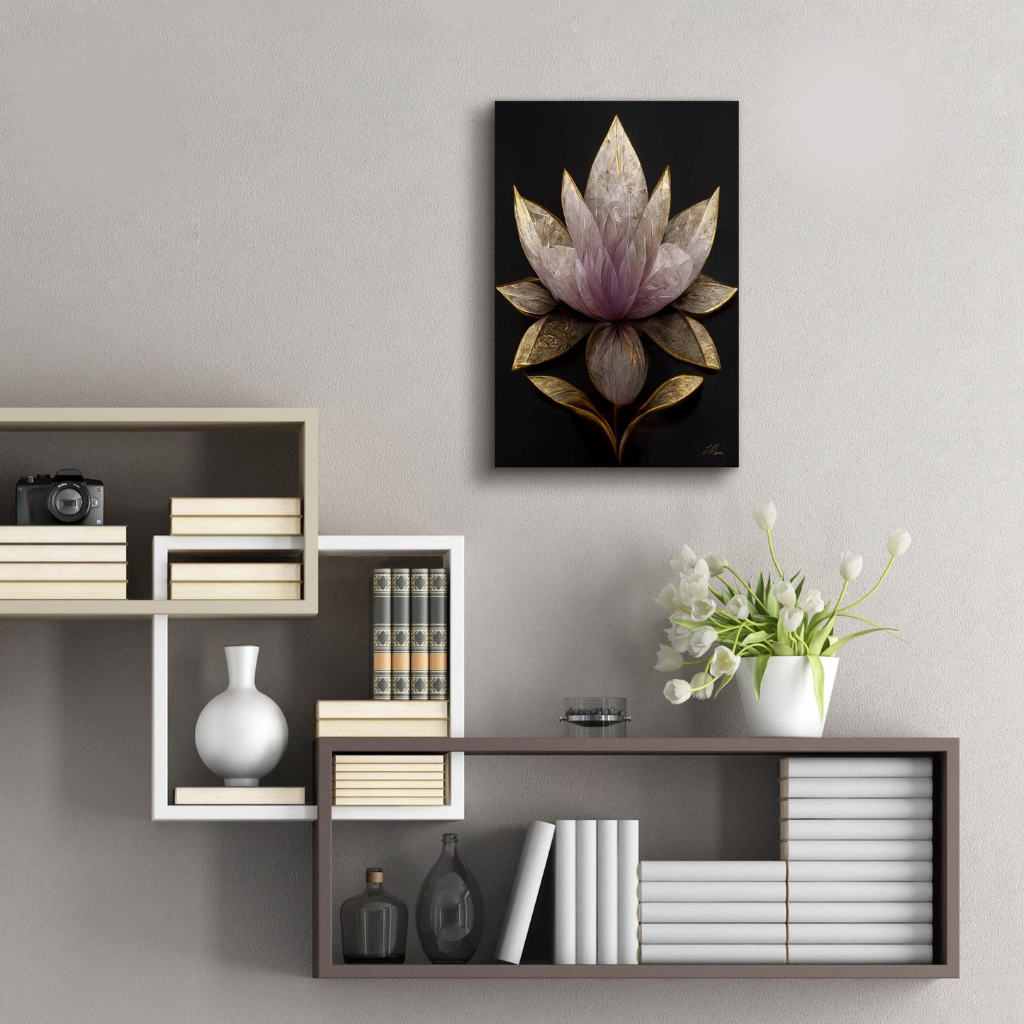 Epic Art 'Golden Leaf Lotus' by Tanya Mavric, Acrylic Glass Wall Art,16x24