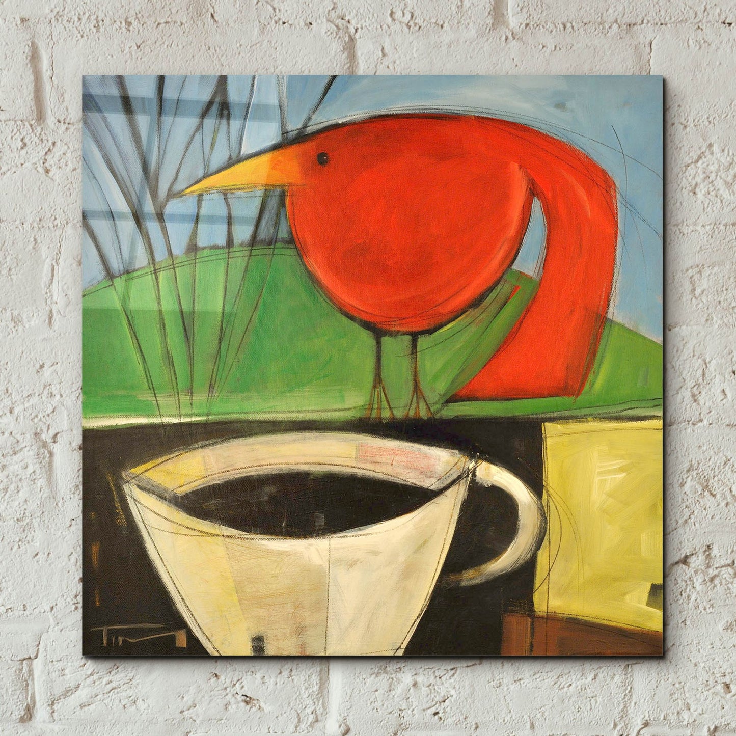 Epic Art 'Coffee And Red Bird' by Tim Nyberg, Acrylic Glass Wall Art,12x12