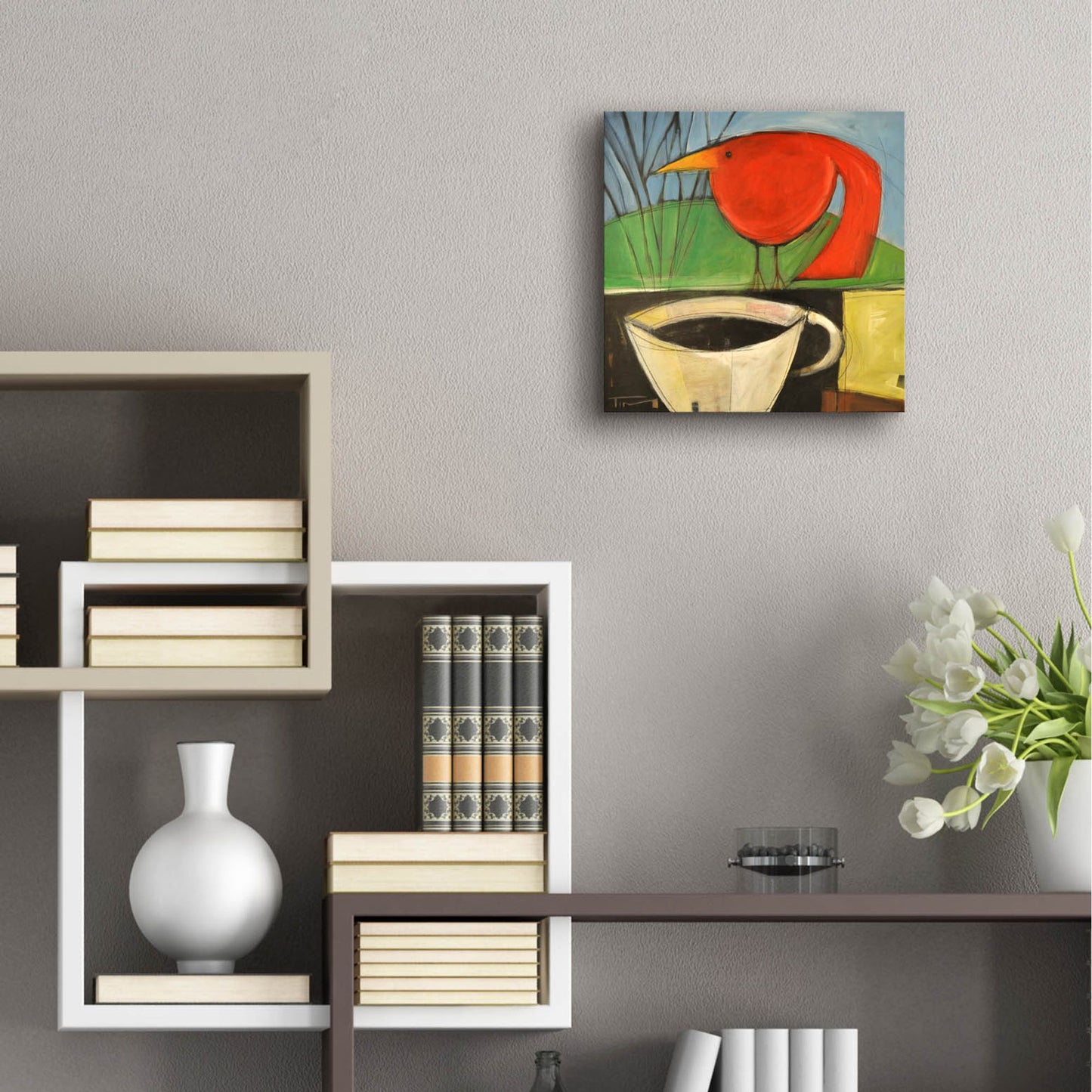 Epic Art 'Coffee And Red Bird' by Tim Nyberg, Acrylic Glass Wall Art,12x12