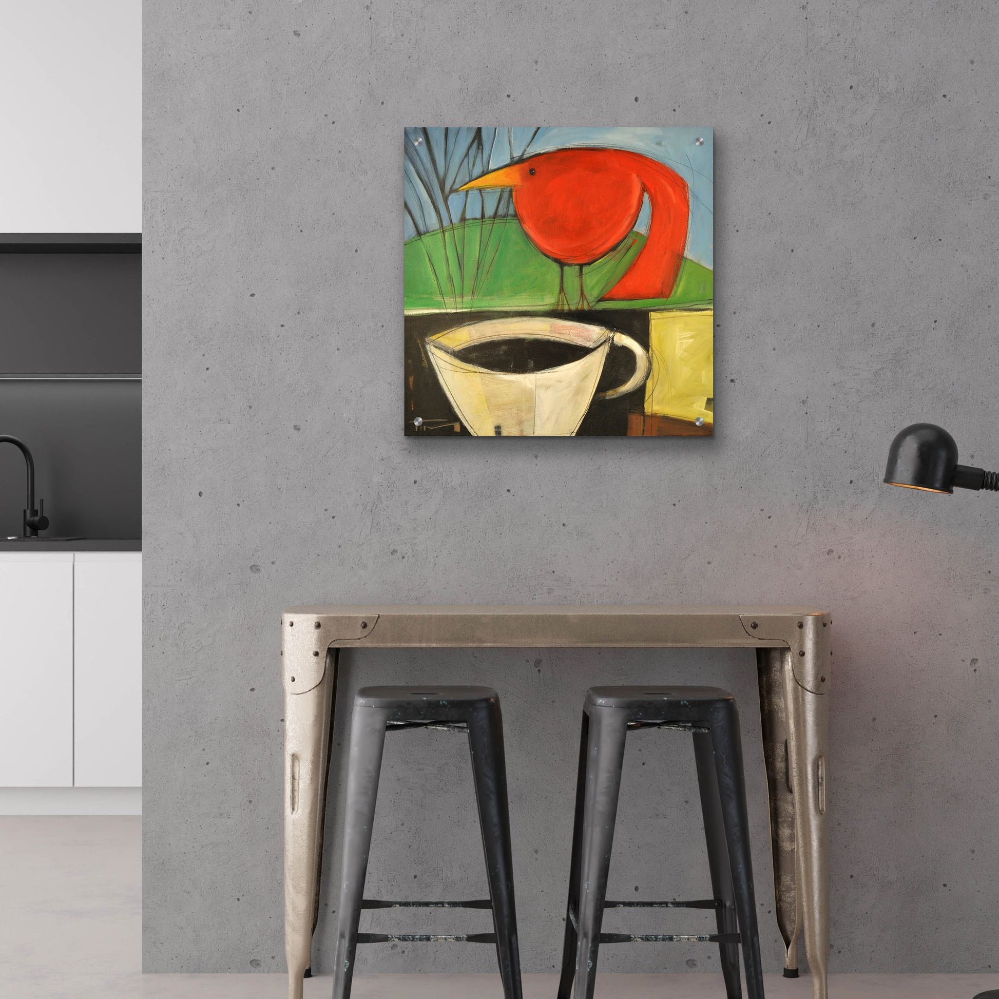 Epic Art 'Coffee And Red Bird' by Tim Nyberg, Acrylic Glass Wall Art,24x24