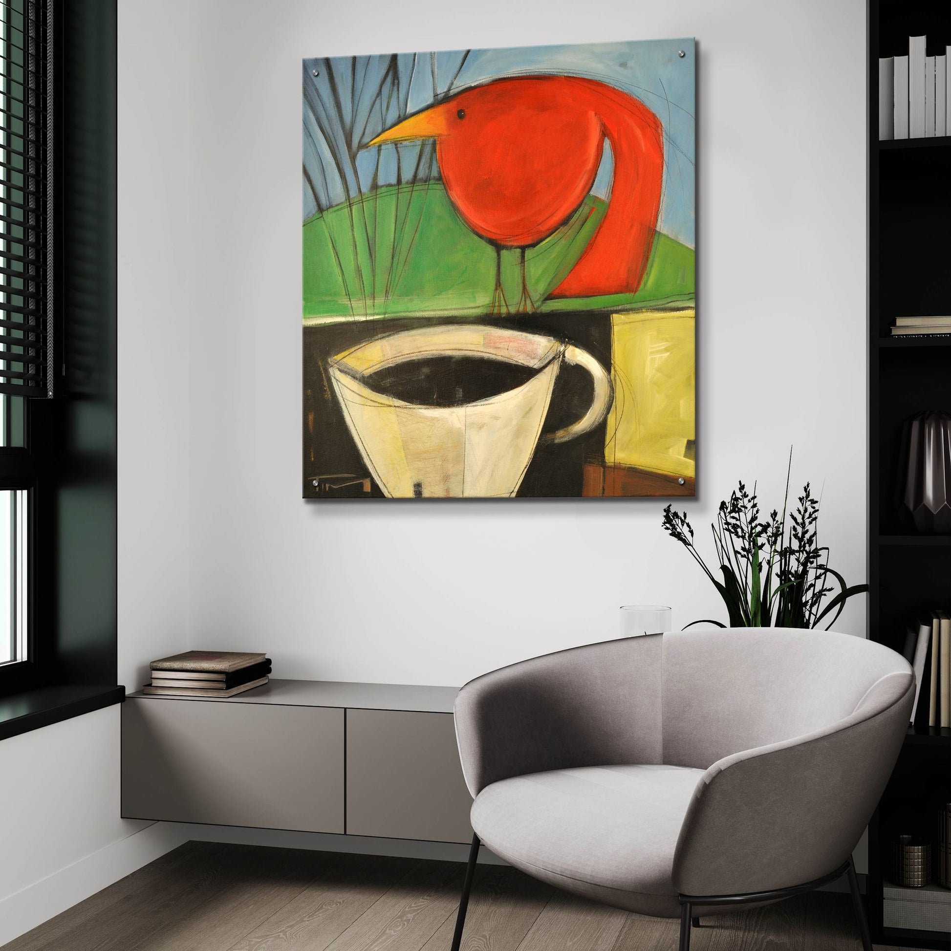 Epic Art 'Coffee And Red Bird' by Tim Nyberg, Acrylic Glass Wall Art,36x36