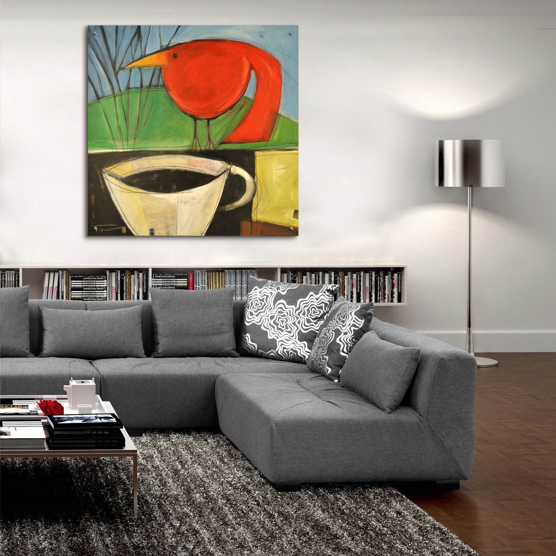 Epic Art 'Coffee And Red Bird' by Tim Nyberg, Acrylic Glass Wall Art,36x36