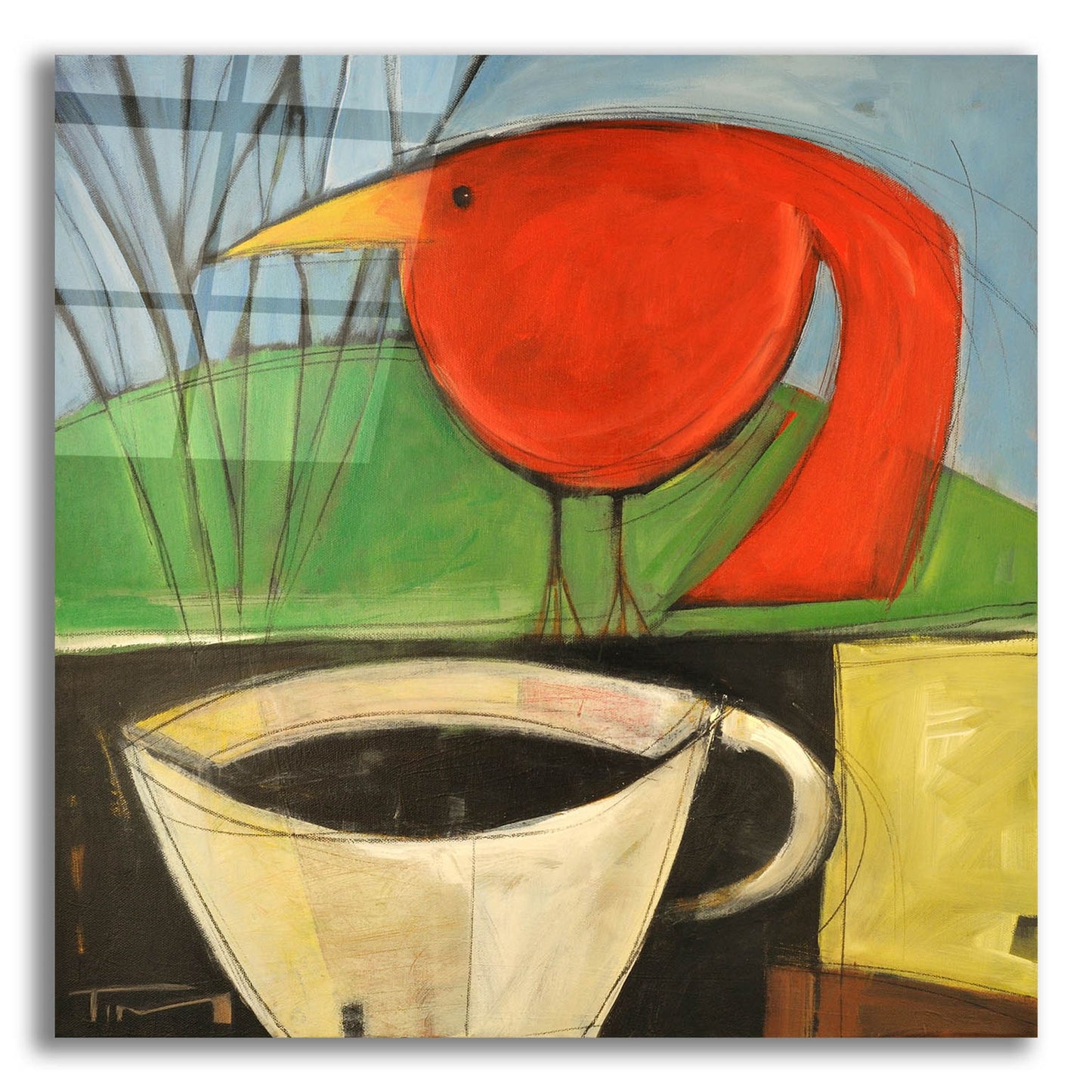 Epic Art 'Coffee And Red Bird' by Tim Nyberg, Acrylic Glass Wall Art