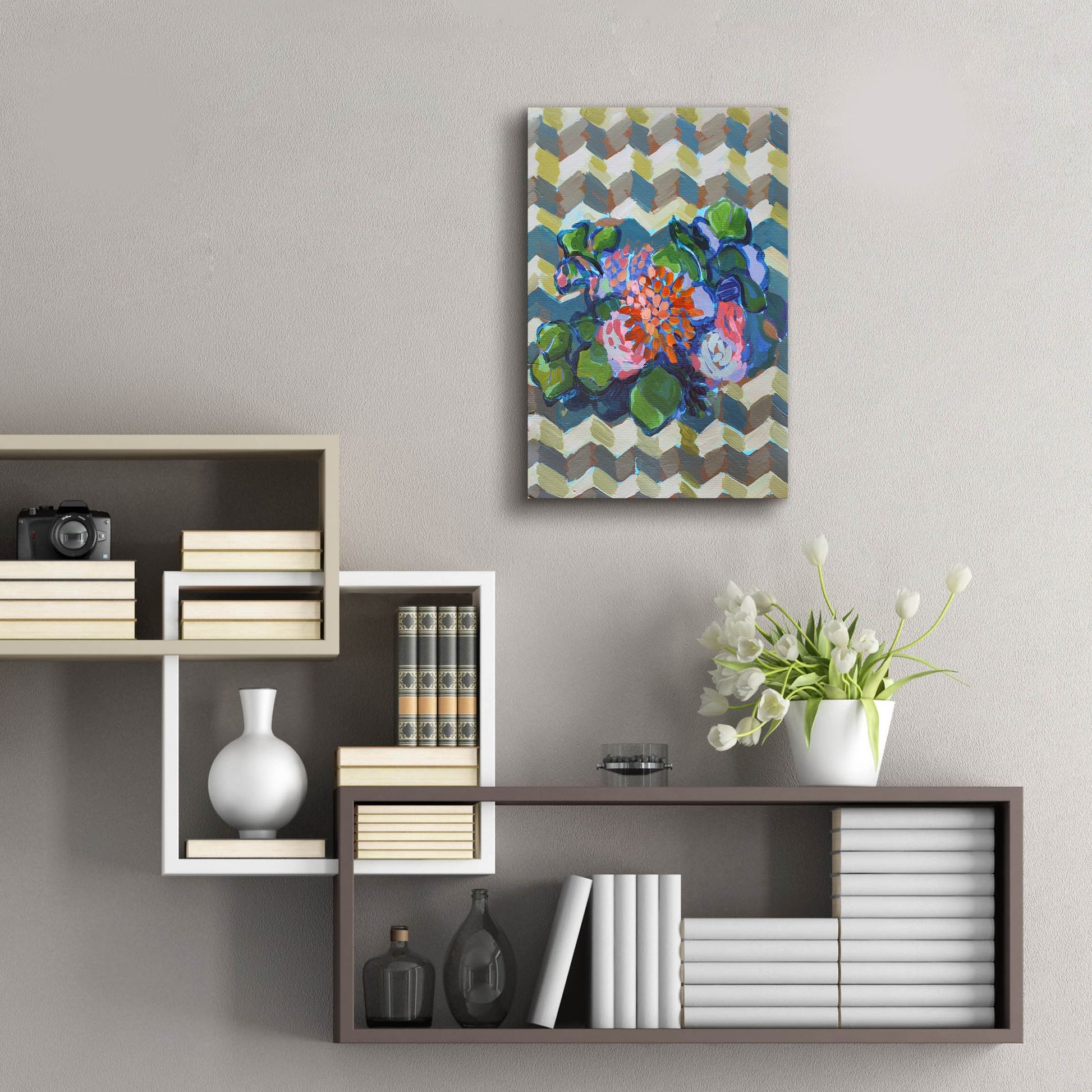 Epic Art 'Bouquet on Chevron' by Victoria Macmillan, Acrylic Glass Wall Art,16x24