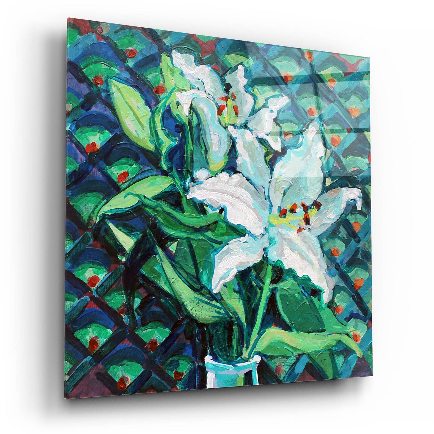 Epic Art 'Lily on Pattern' by Victoria Macmillan, Acrylic Glass Wall Art,12x12