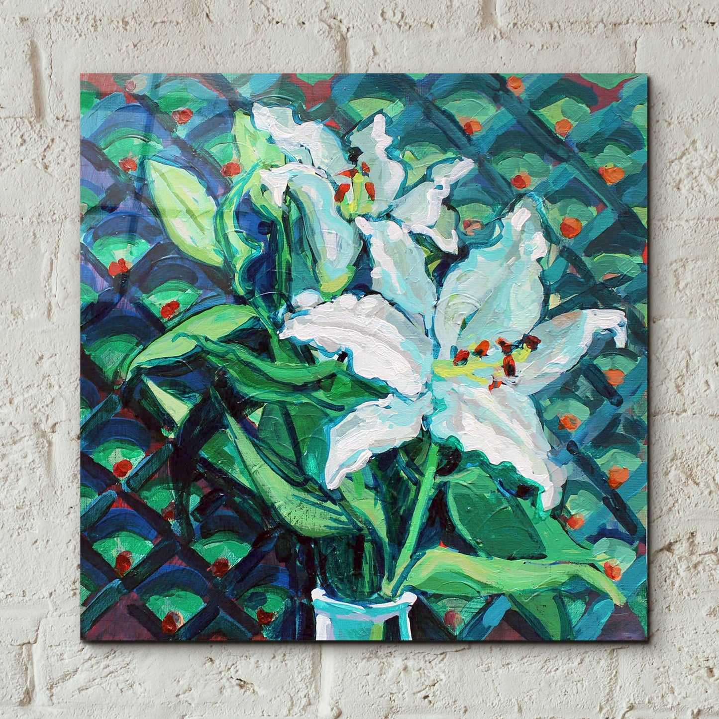 Epic Art 'Lily on Pattern' by Victoria Macmillan, Acrylic Glass Wall Art,12x12