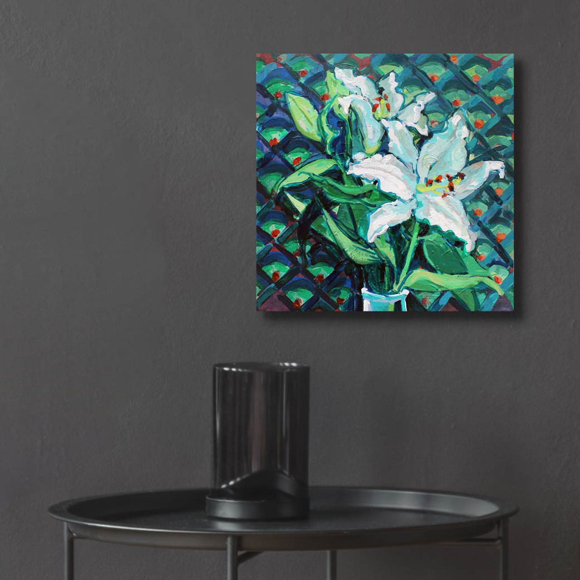 Epic Art 'Lily on Pattern' by Victoria Macmillan, Acrylic Glass Wall Art,12x12