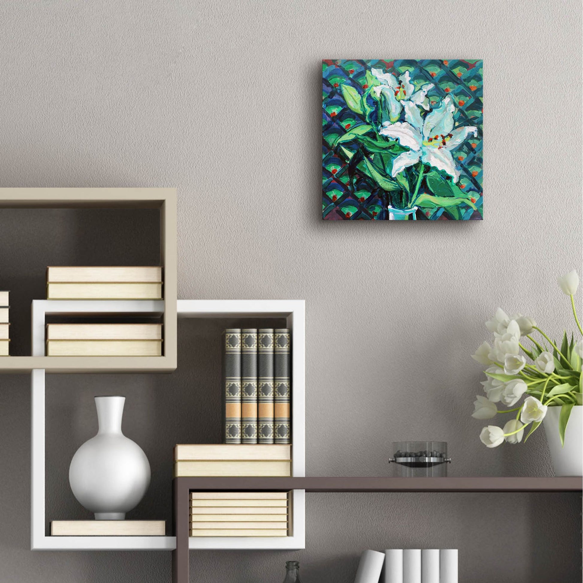 Epic Art 'Lily on Pattern' by Victoria Macmillan, Acrylic Glass Wall Art,12x12