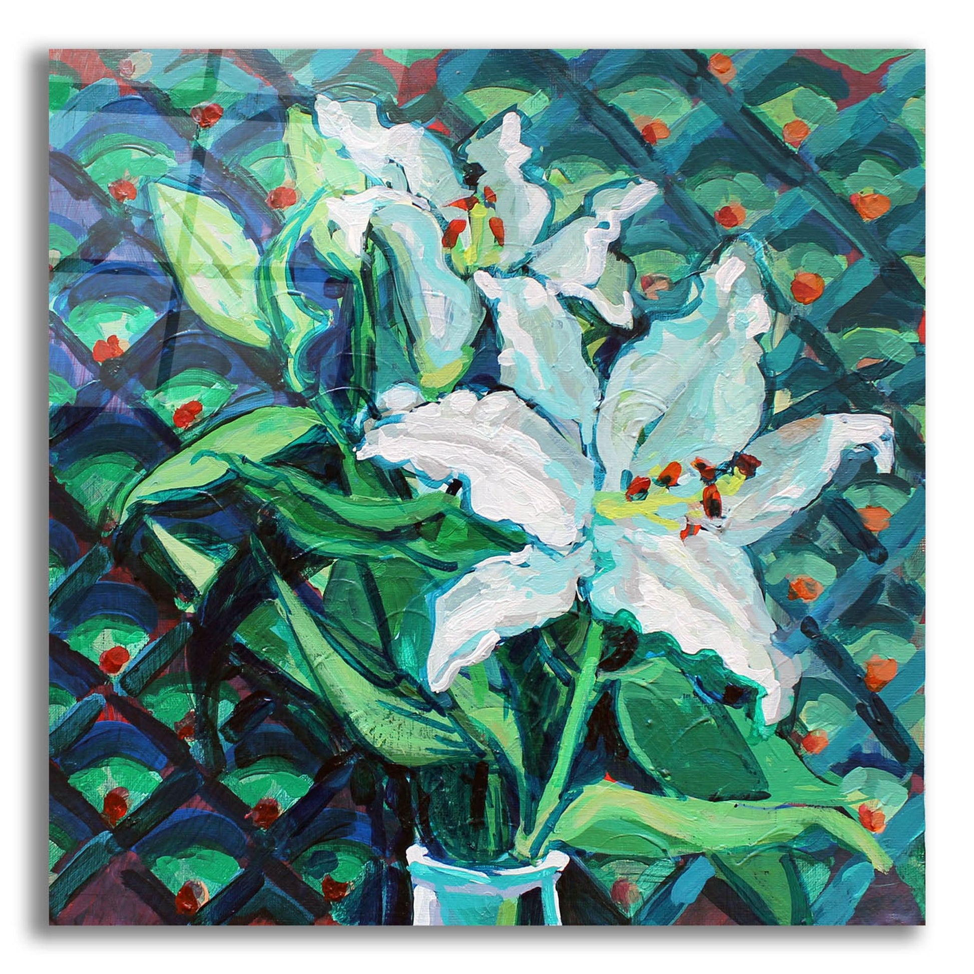 Epic Art 'Lily on Pattern' by Victoria Macmillan, Acrylic Glass Wall Art