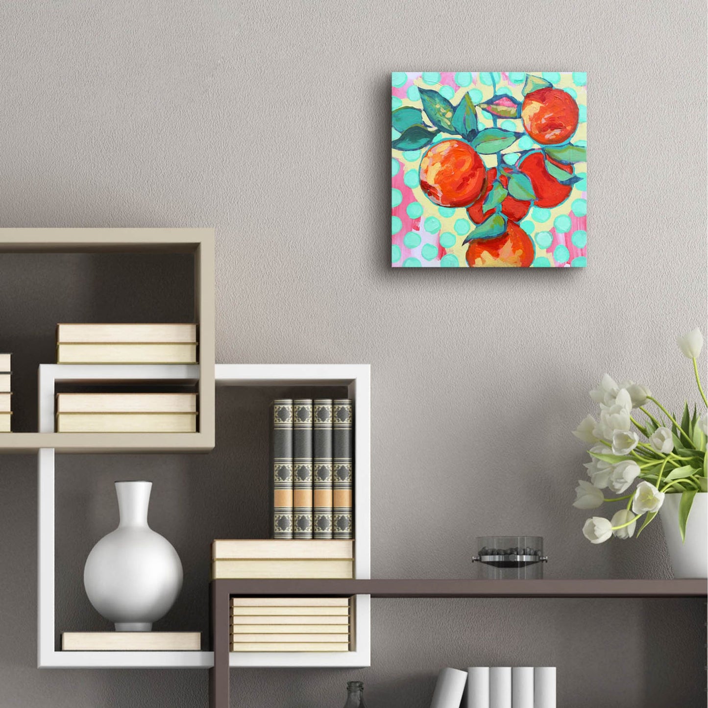 Epic Art 'Polka Dot and Electric Orange' by Victoria Macmillan, Acrylic Glass Wall Art,12x12