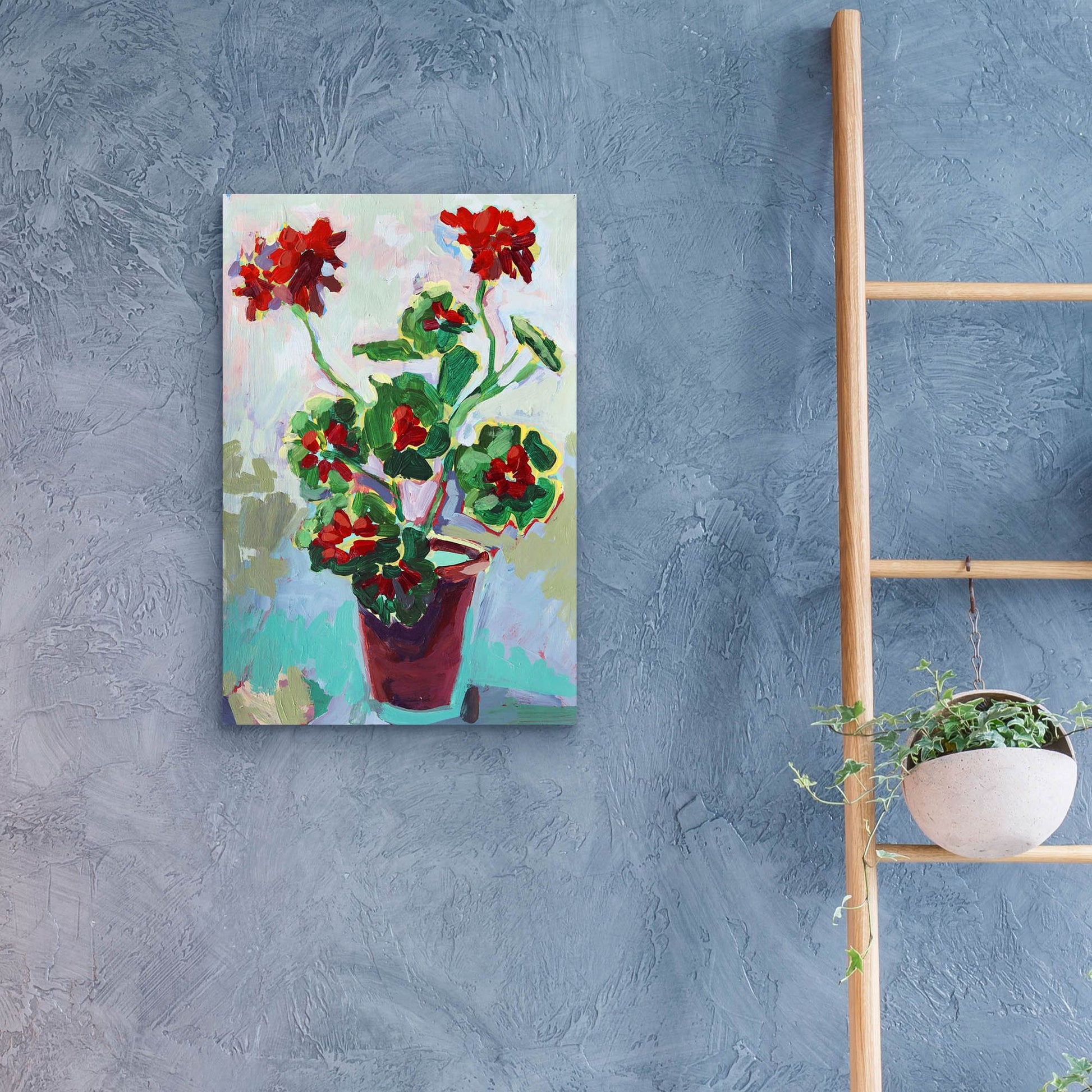 Epic Art 'Geranium on Blue' by Victoria Macmillan, Acrylic Glass Wall Art,16x24