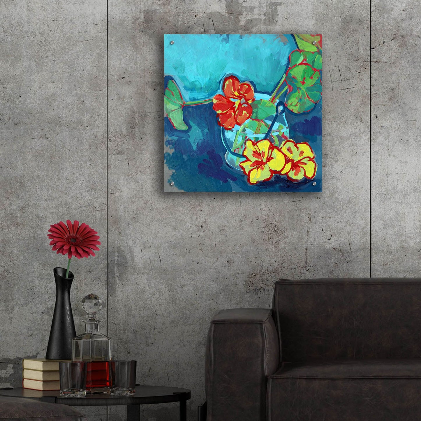 Epic Art 'Nasturtium on Blue' by Victoria Macmillan, Acrylic Glass Wall Art,24x24