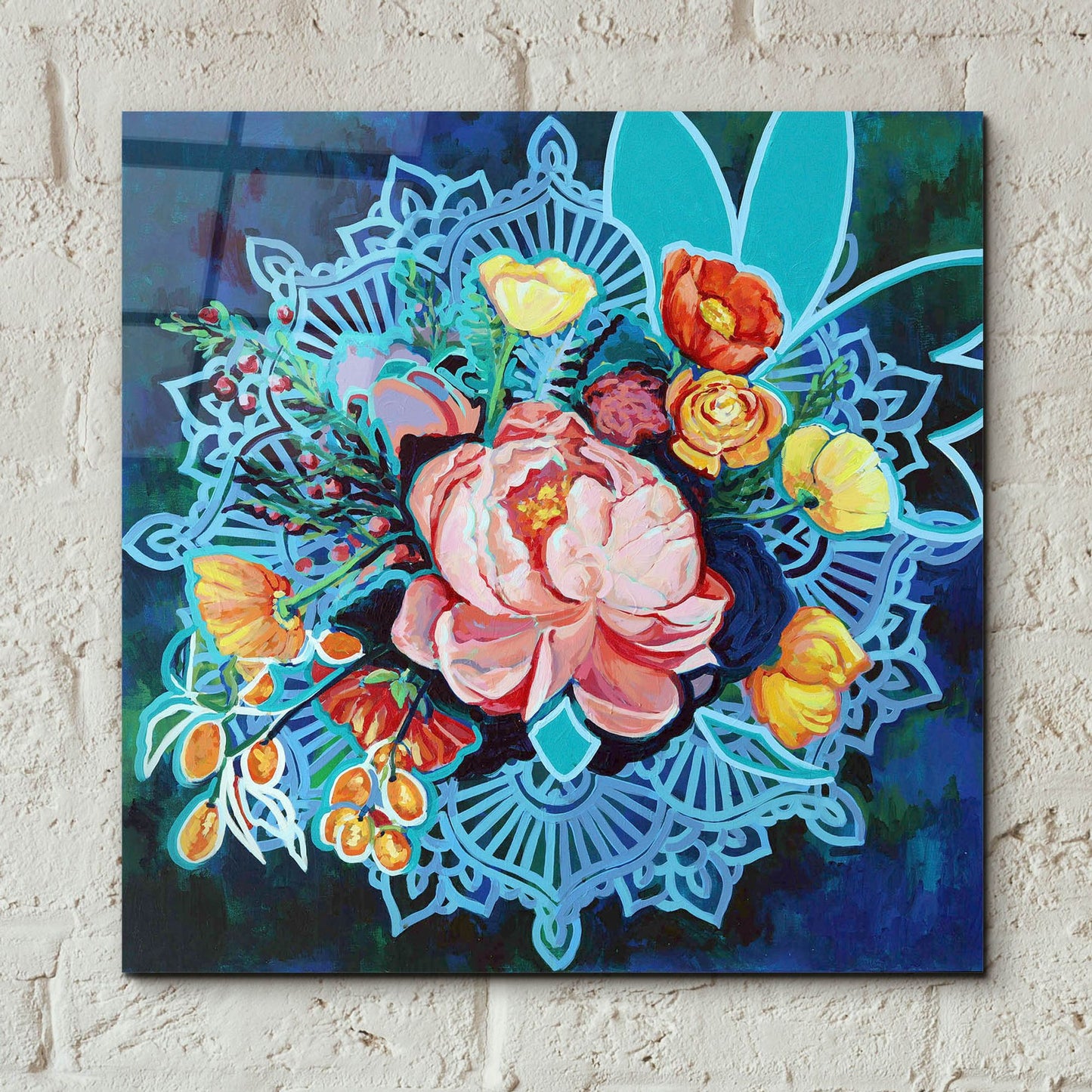 Epic Art 'Peony Bouquet Mandala' by Victoria Macmillan, Acrylic Glass Wall Art,12x12