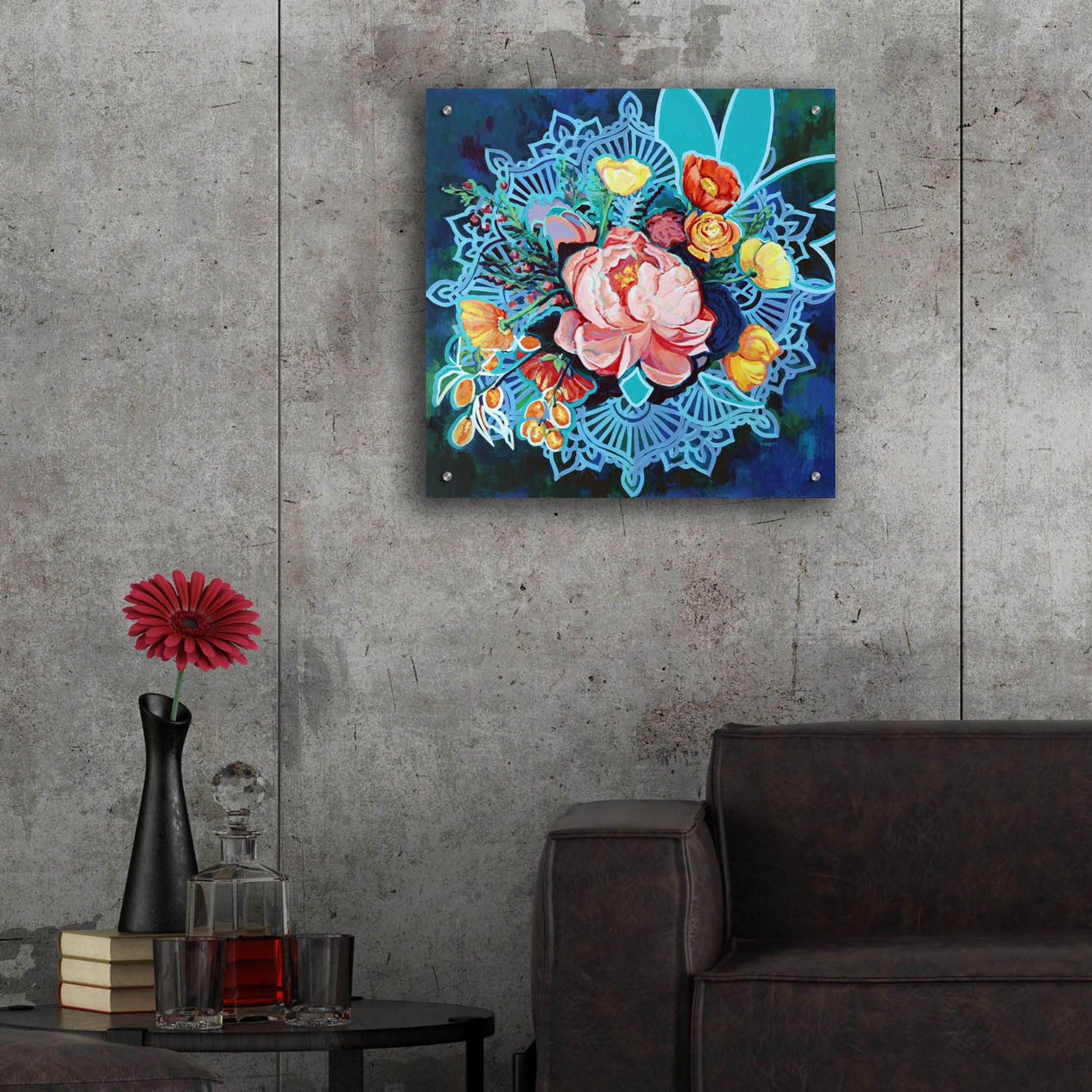 Epic Art 'Peony Bouquet Mandala' by Victoria Macmillan, Acrylic Glass Wall Art,24x24