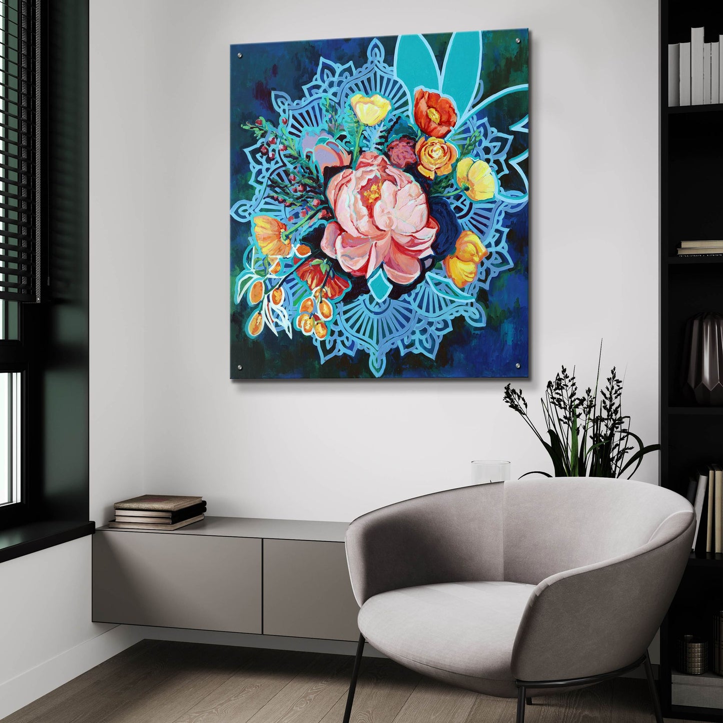 Epic Art 'Peony Bouquet Mandala' by Victoria Macmillan, Acrylic Glass Wall Art,36x36