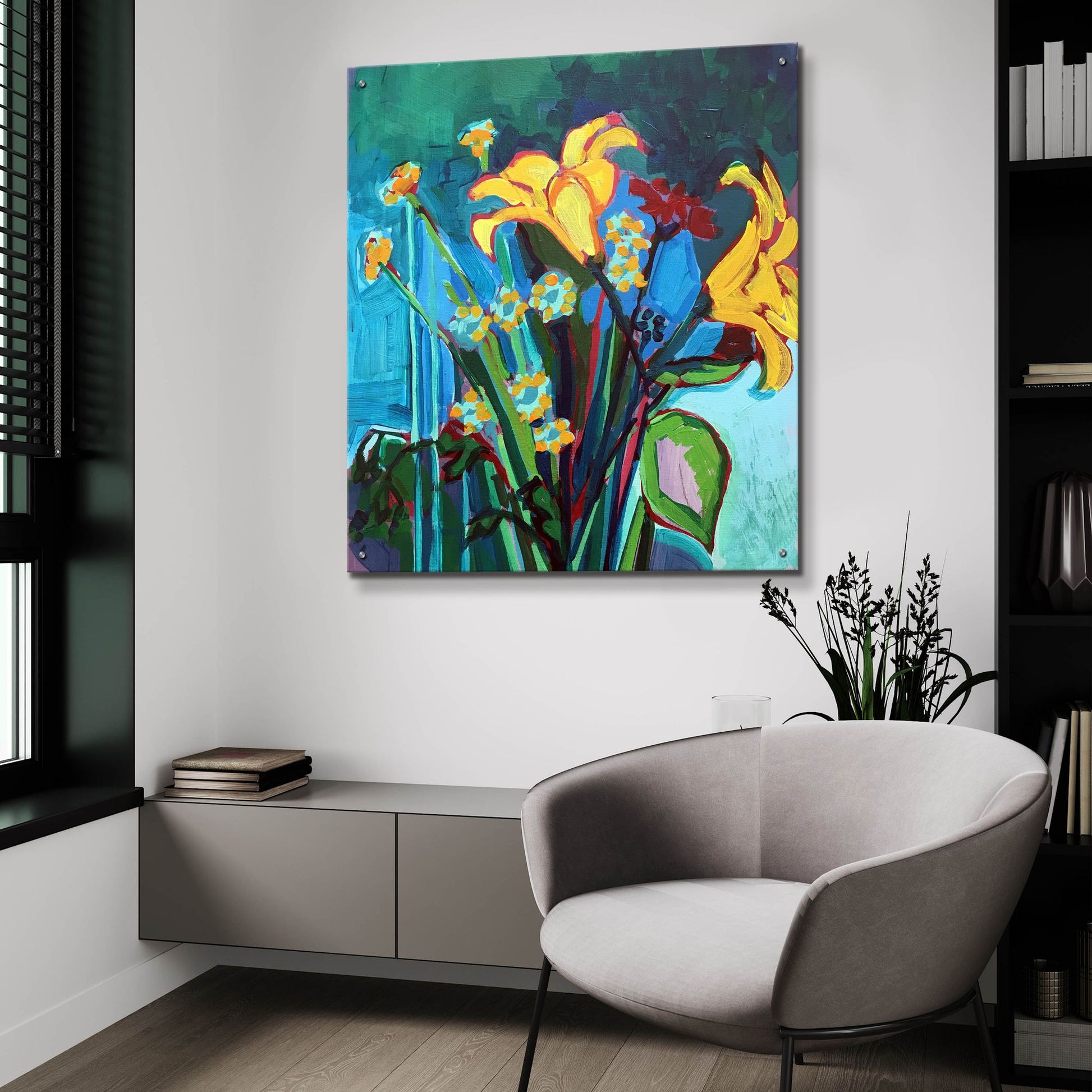 Epic Art 'Yellow Lily and Wildflower Bouquet' by Victoria Macmillan, Acrylic Glass Wall Art,36x36