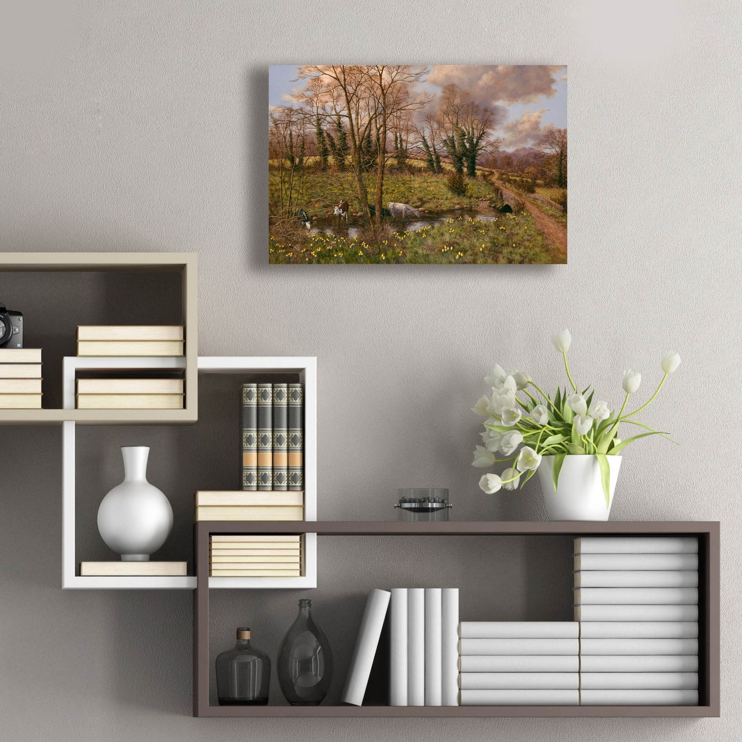 Epic Art 'Cattle And Daffodils' by Bill Makinson, Acrylic Glass Wall Art,24x16