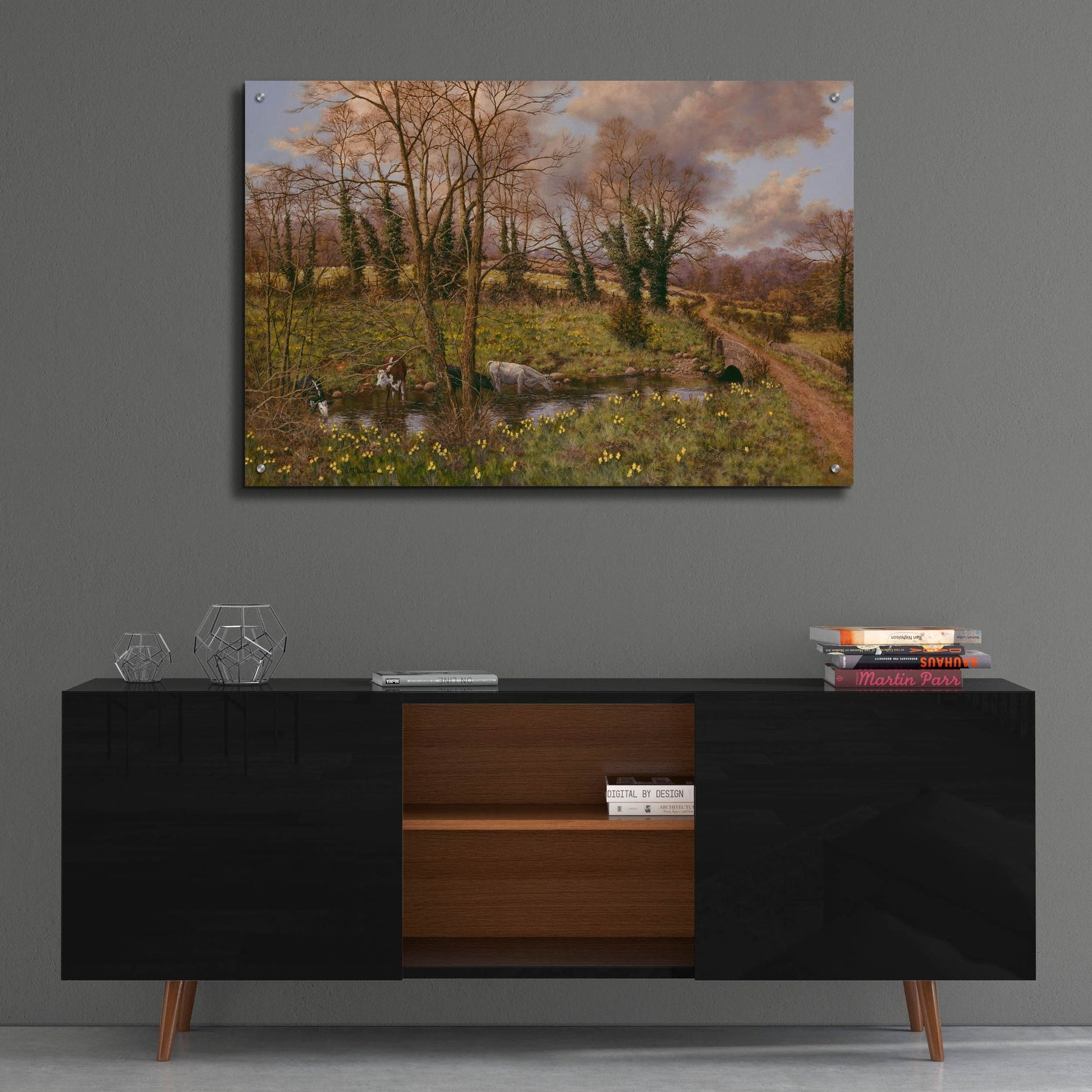 Epic Art 'Cattle And Daffodils' by Bill Makinson, Acrylic Glass Wall Art,36x24