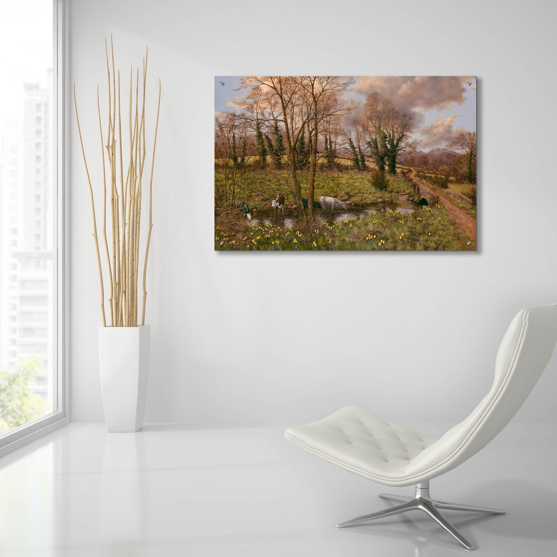 Epic Art 'Cattle And Daffodils' by Bill Makinson, Acrylic Glass Wall Art,36x24