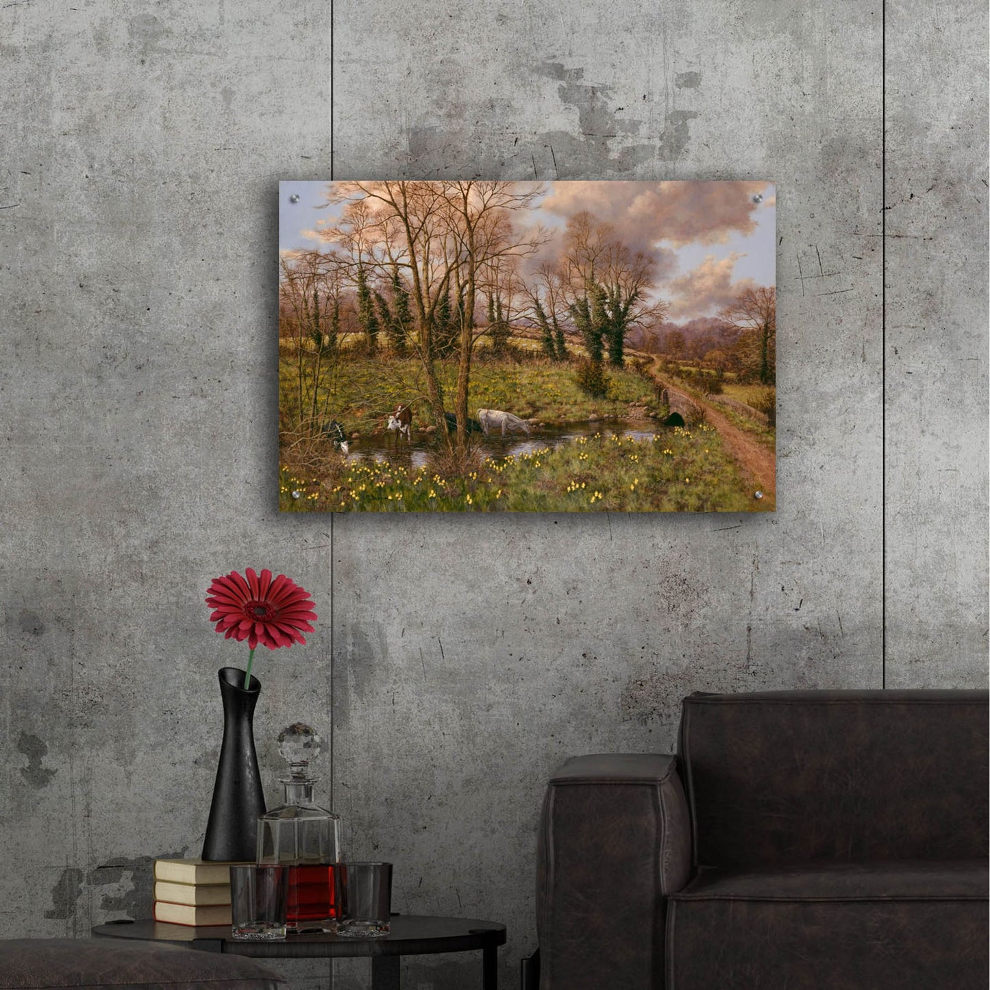 Epic Art 'Cattle And Daffodils' by Bill Makinson, Acrylic Glass Wall Art,36x24