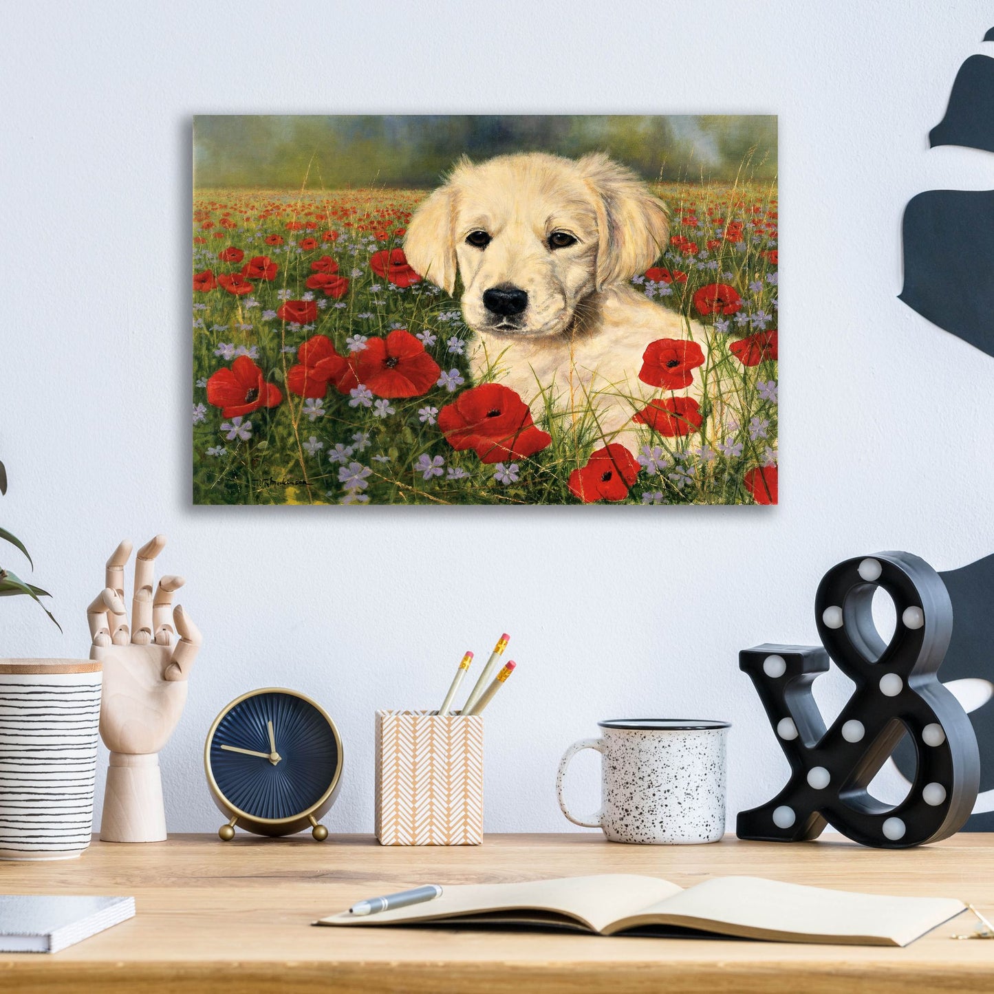 Epic Art 'Puppy And Poppies' by Bill Makinson, Acrylic Glass Wall Art,16x12