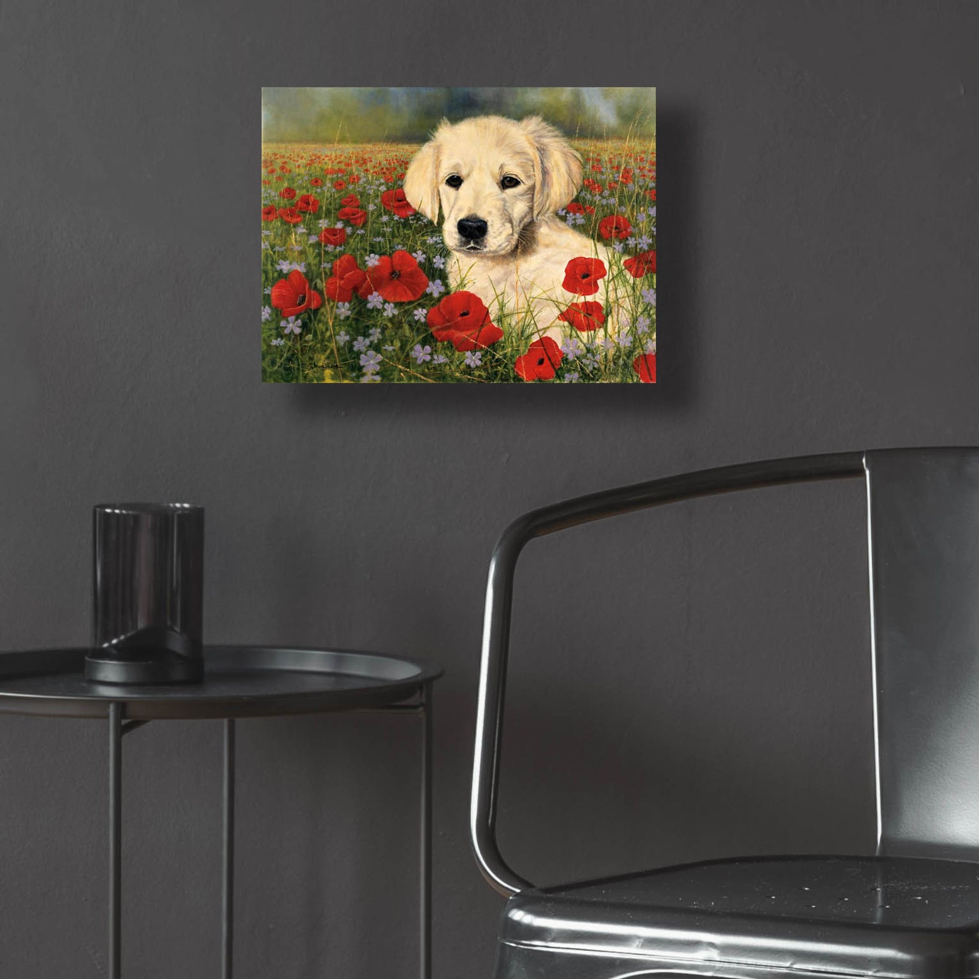 Epic Art 'Puppy And Poppies' by Bill Makinson, Acrylic Glass Wall Art,16x12