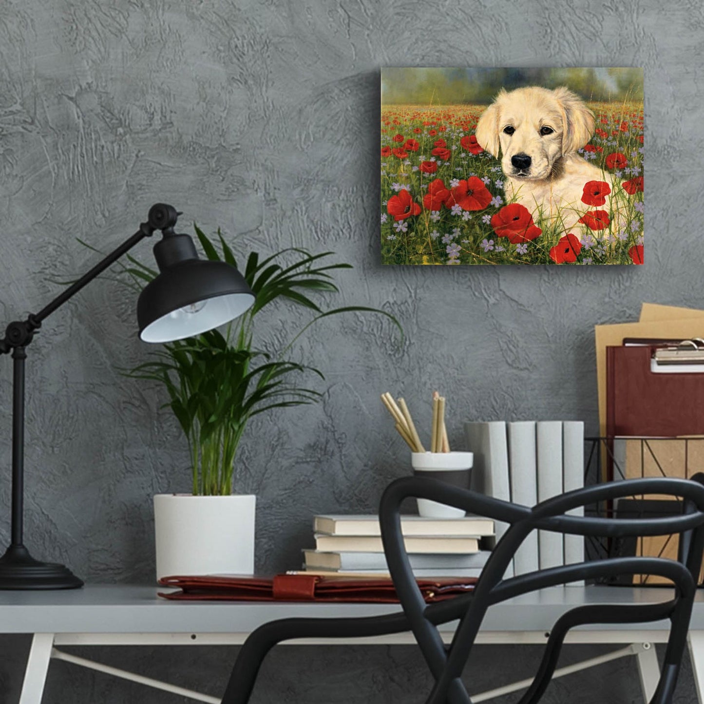 Epic Art 'Puppy And Poppies' by Bill Makinson, Acrylic Glass Wall Art,16x12