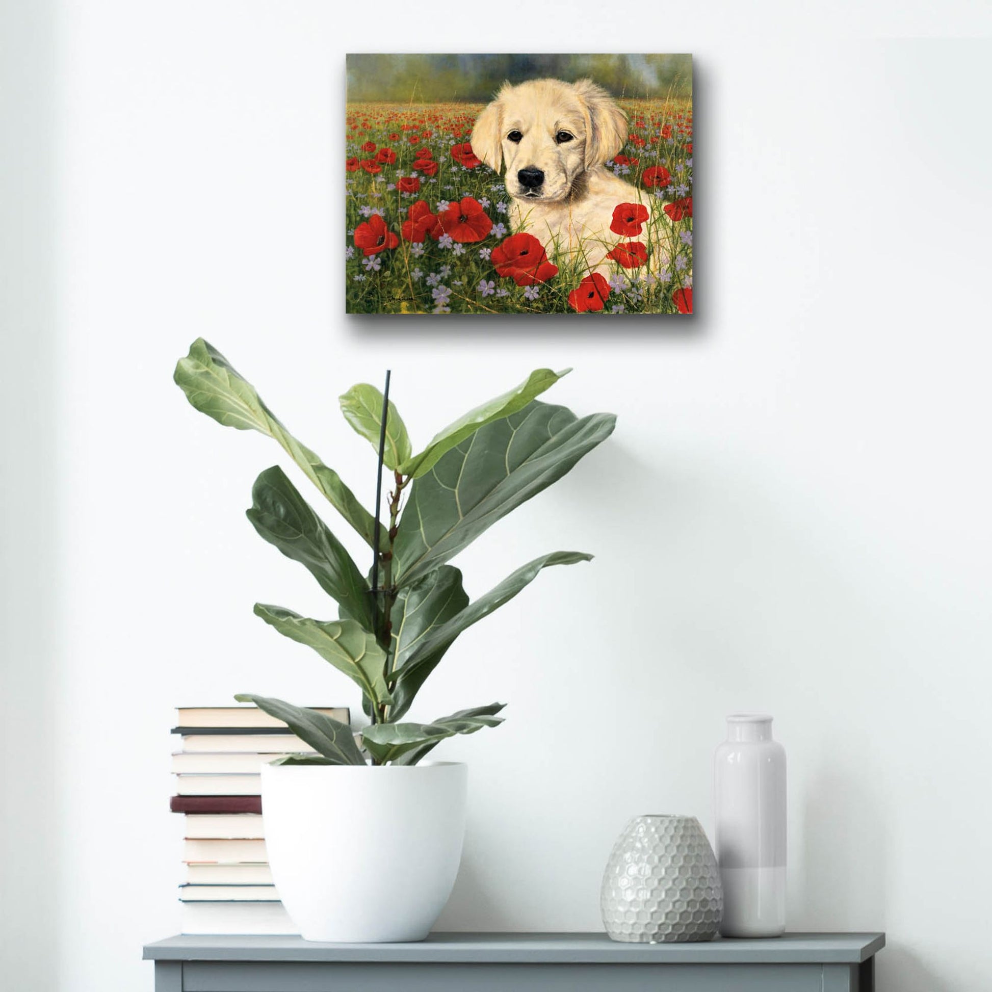 Epic Art 'Puppy And Poppies' by Bill Makinson, Acrylic Glass Wall Art,16x12