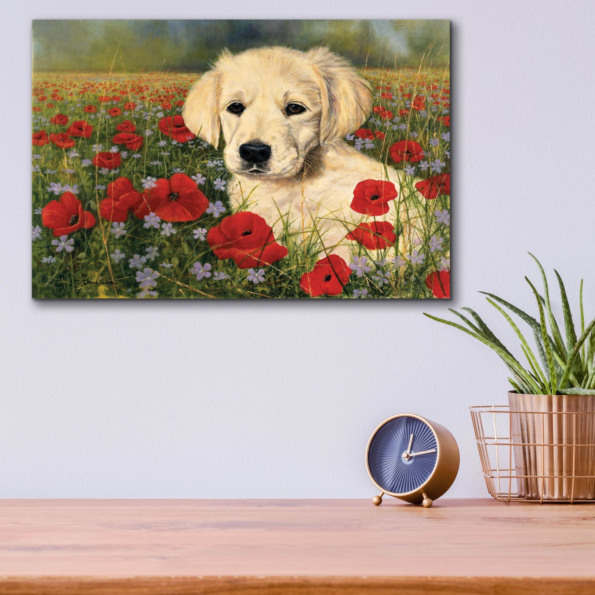 Epic Art 'Puppy And Poppies' by Bill Makinson, Acrylic Glass Wall Art,16x12