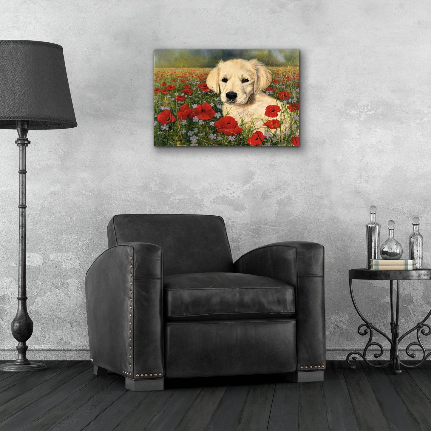 Epic Art 'Puppy And Poppies' by Bill Makinson, Acrylic Glass Wall Art,24x16