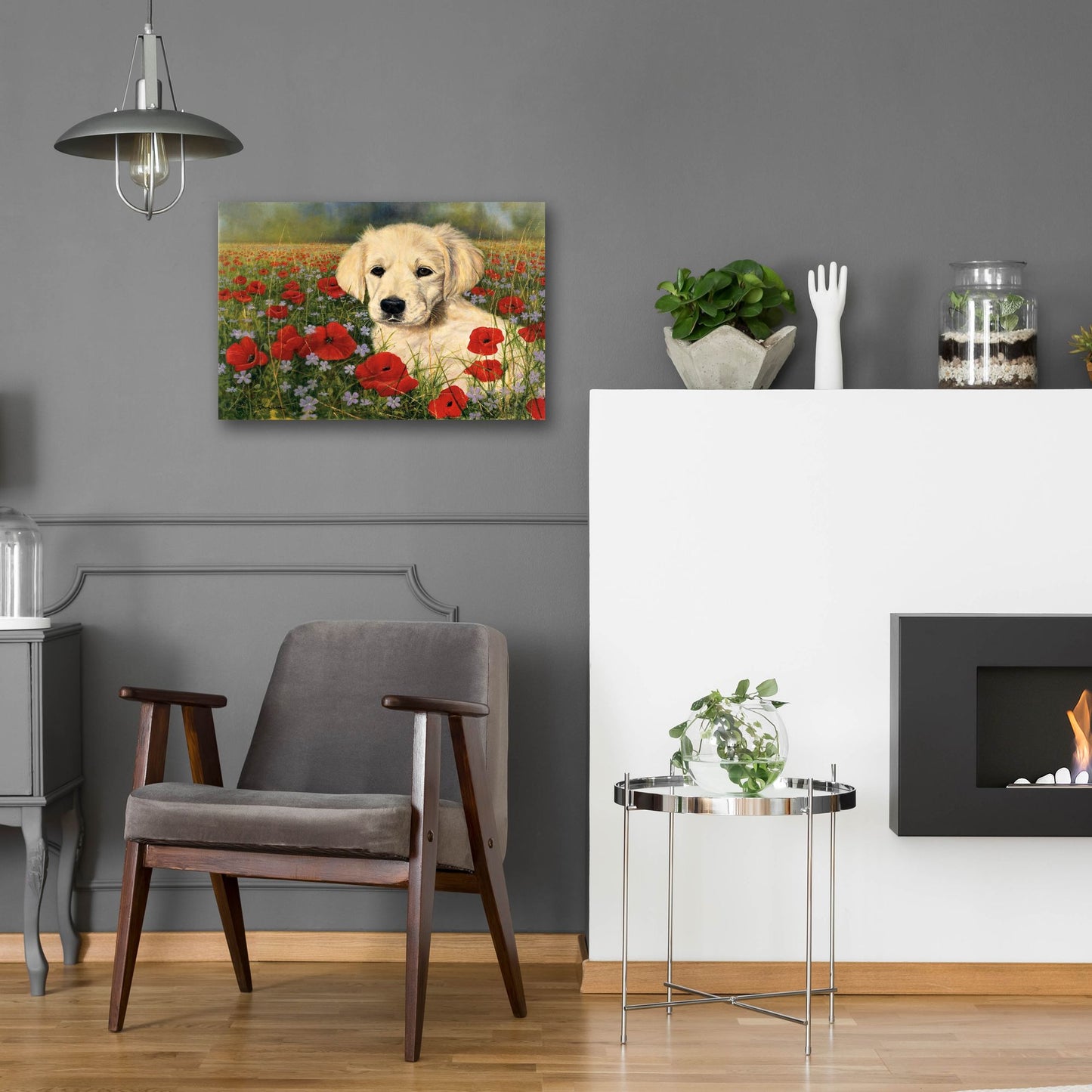 Epic Art 'Puppy And Poppies' by Bill Makinson, Acrylic Glass Wall Art,24x16