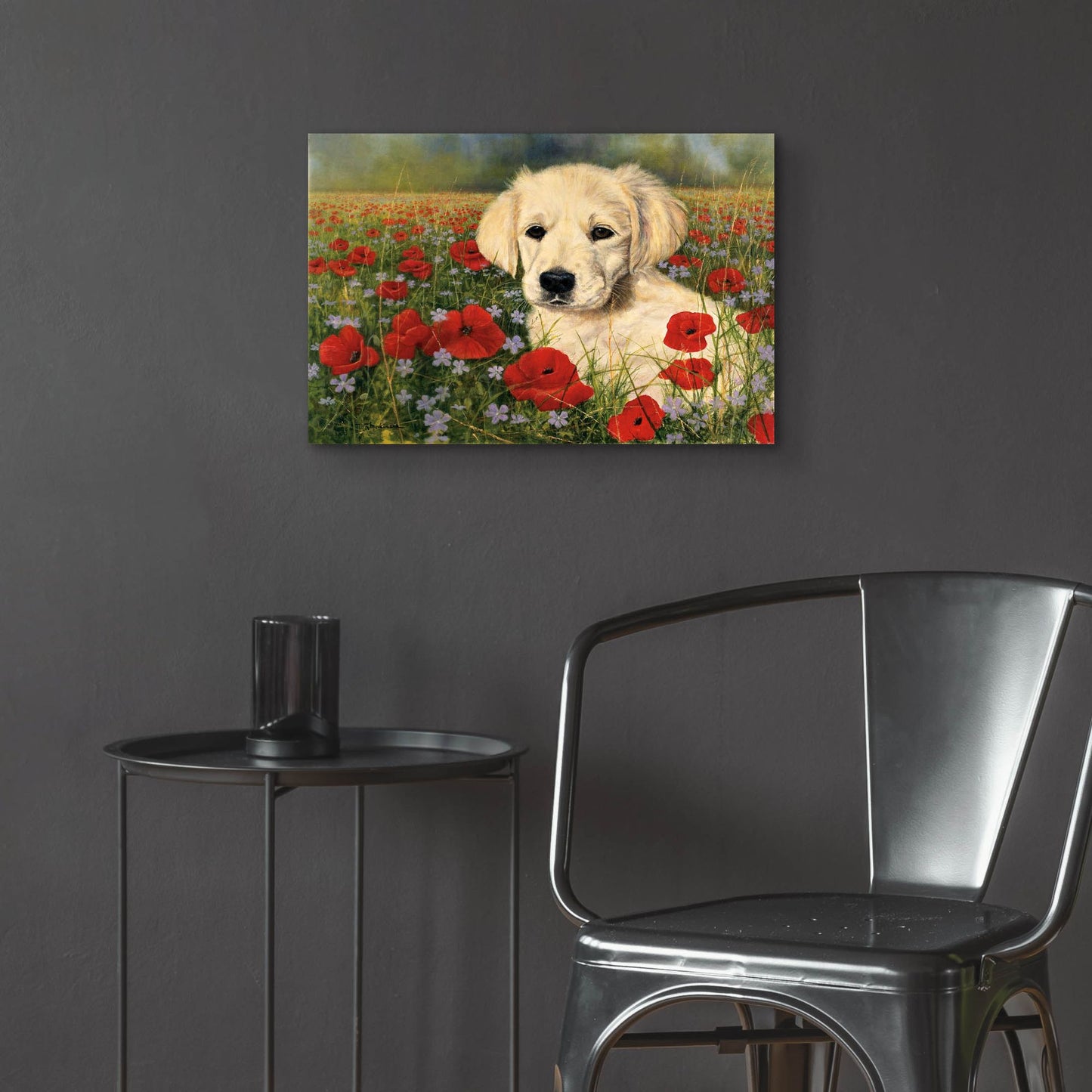 Epic Art 'Puppy And Poppies' by Bill Makinson, Acrylic Glass Wall Art,24x16