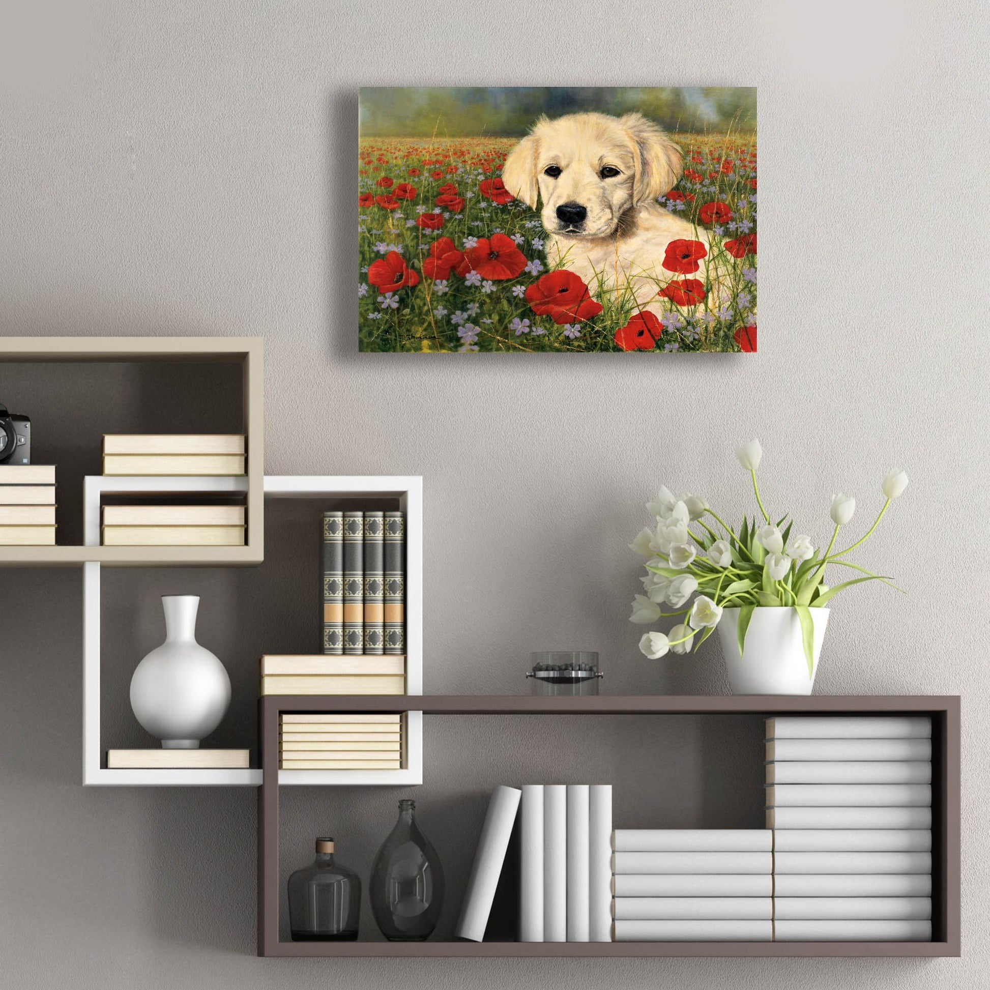 Epic Art 'Puppy And Poppies' by Bill Makinson, Acrylic Glass Wall Art,24x16