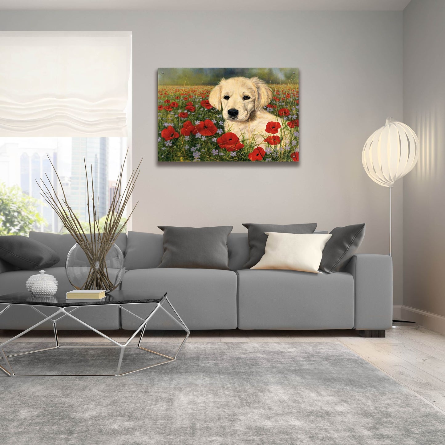 Epic Art 'Puppy And Poppies' by Bill Makinson, Acrylic Glass Wall Art,36x24