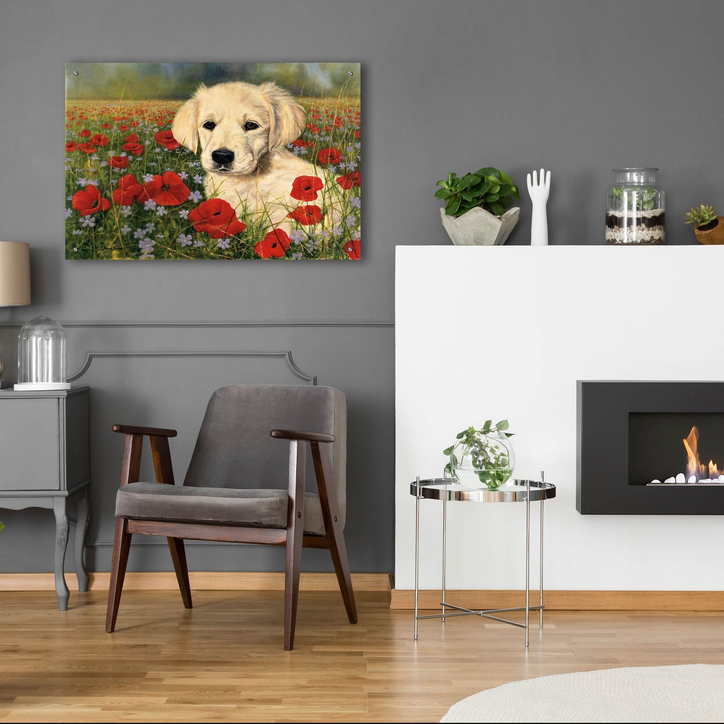 Epic Art 'Puppy And Poppies' by Bill Makinson, Acrylic Glass Wall Art,36x24