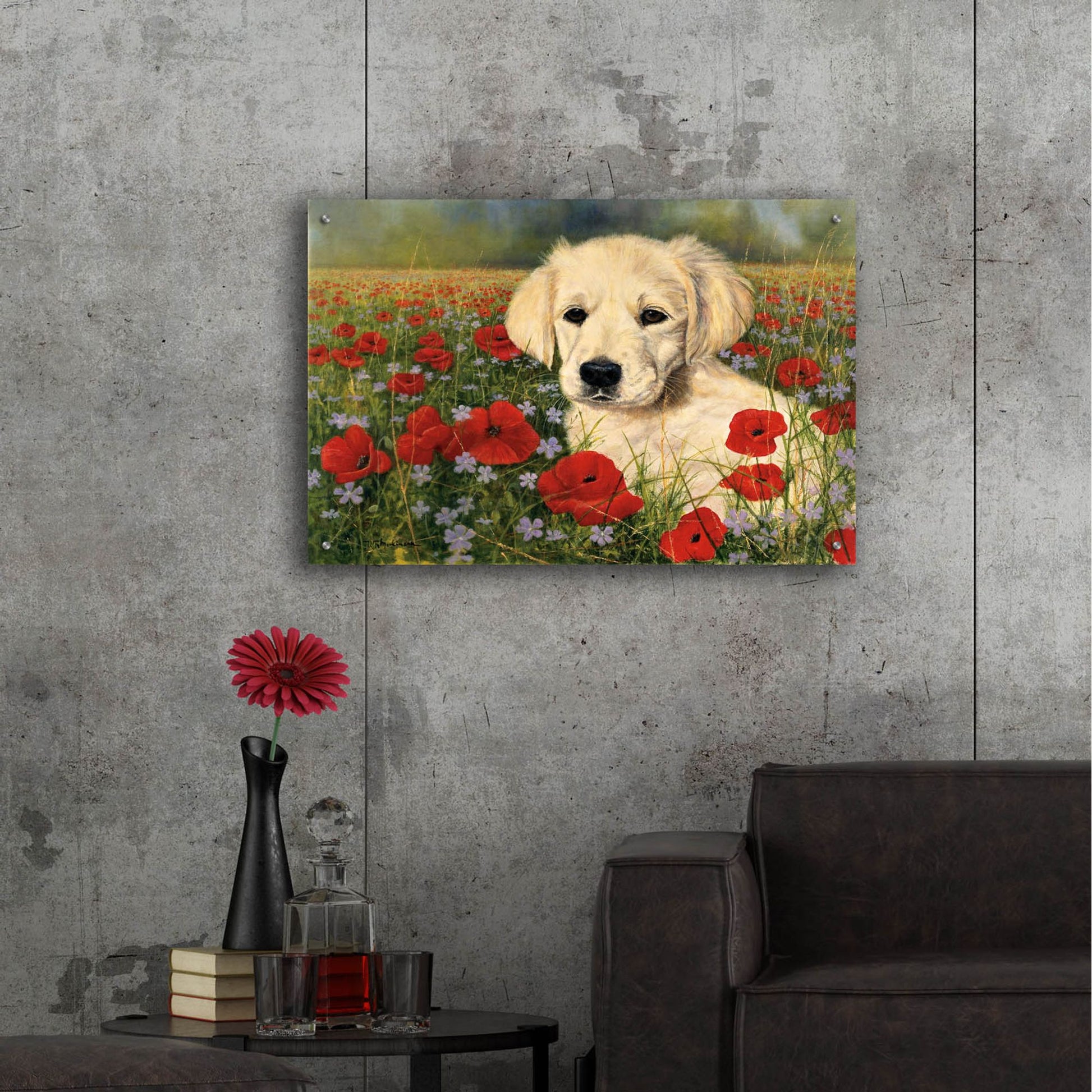 Epic Art 'Puppy And Poppies' by Bill Makinson, Acrylic Glass Wall Art,36x24