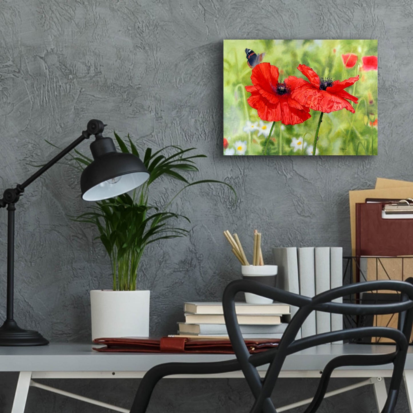 Epic Art 'Poppies And Butterfly' by Bill Makinson, Acrylic Glass Wall Art,16x12