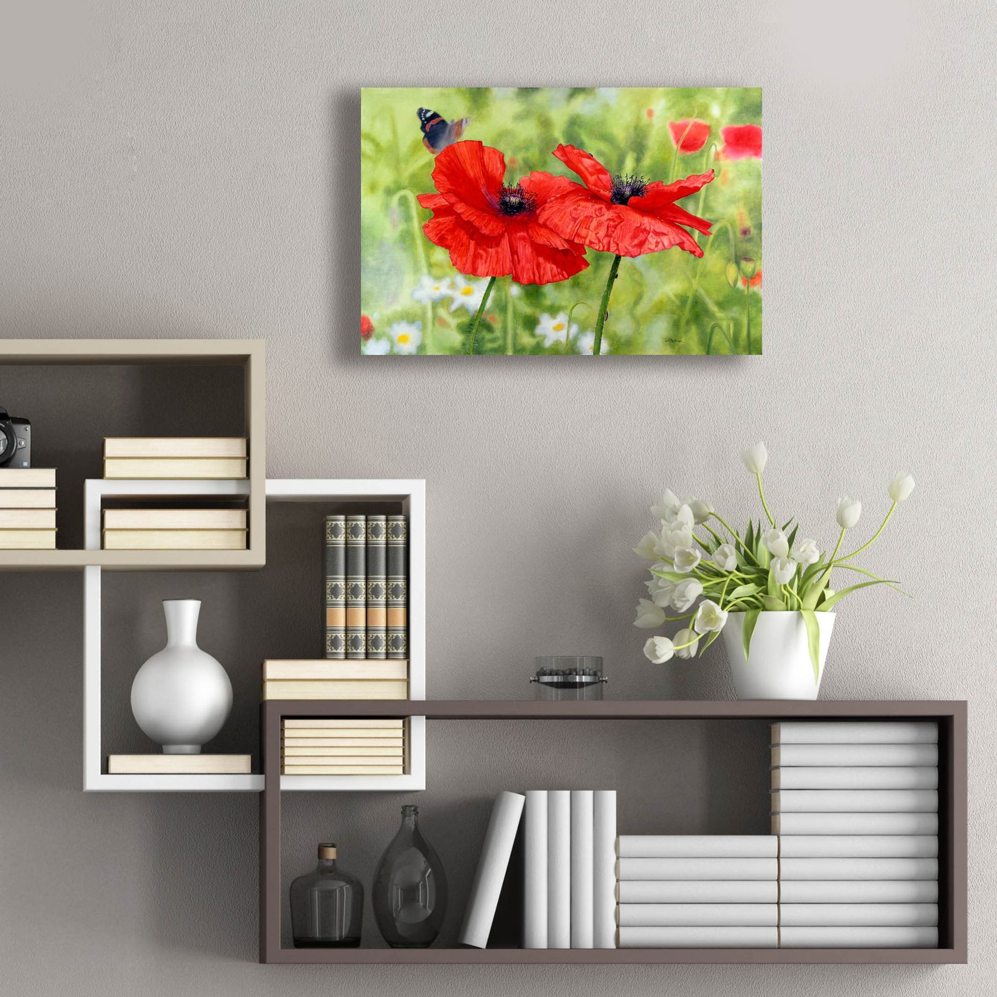 Epic Art 'Poppies And Butterfly' by Bill Makinson, Acrylic Glass Wall Art,24x16