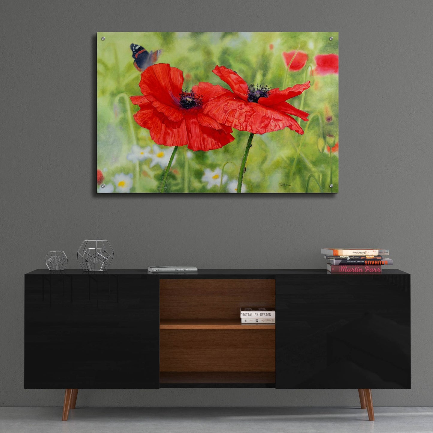 Epic Art 'Poppies And Butterfly' by Bill Makinson, Acrylic Glass Wall Art,36x24