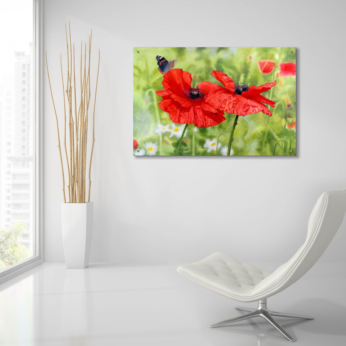 Epic Art 'Poppies And Butterfly' by Bill Makinson, Acrylic Glass Wall Art,36x24