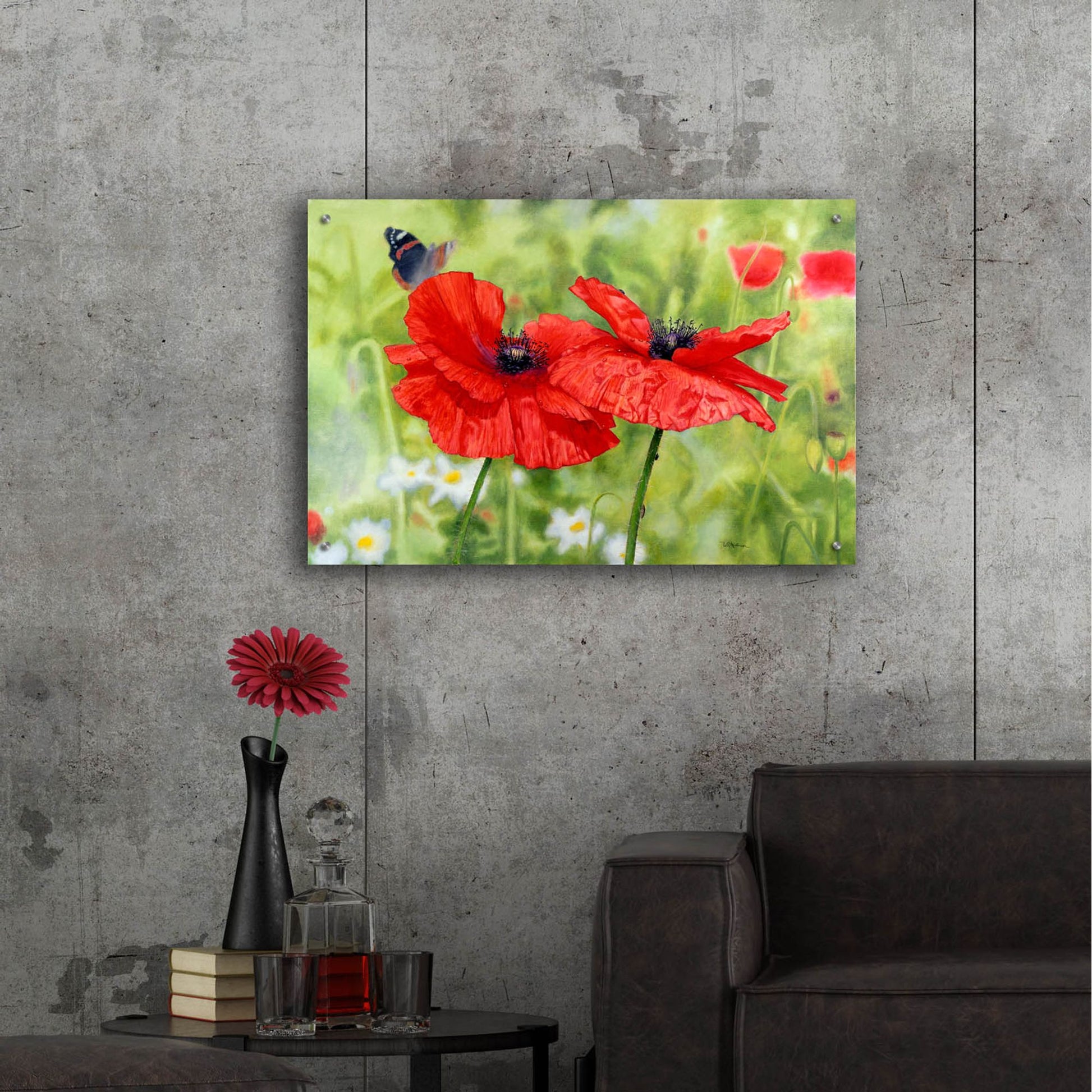 Epic Art 'Poppies And Butterfly' by Bill Makinson, Acrylic Glass Wall Art,36x24