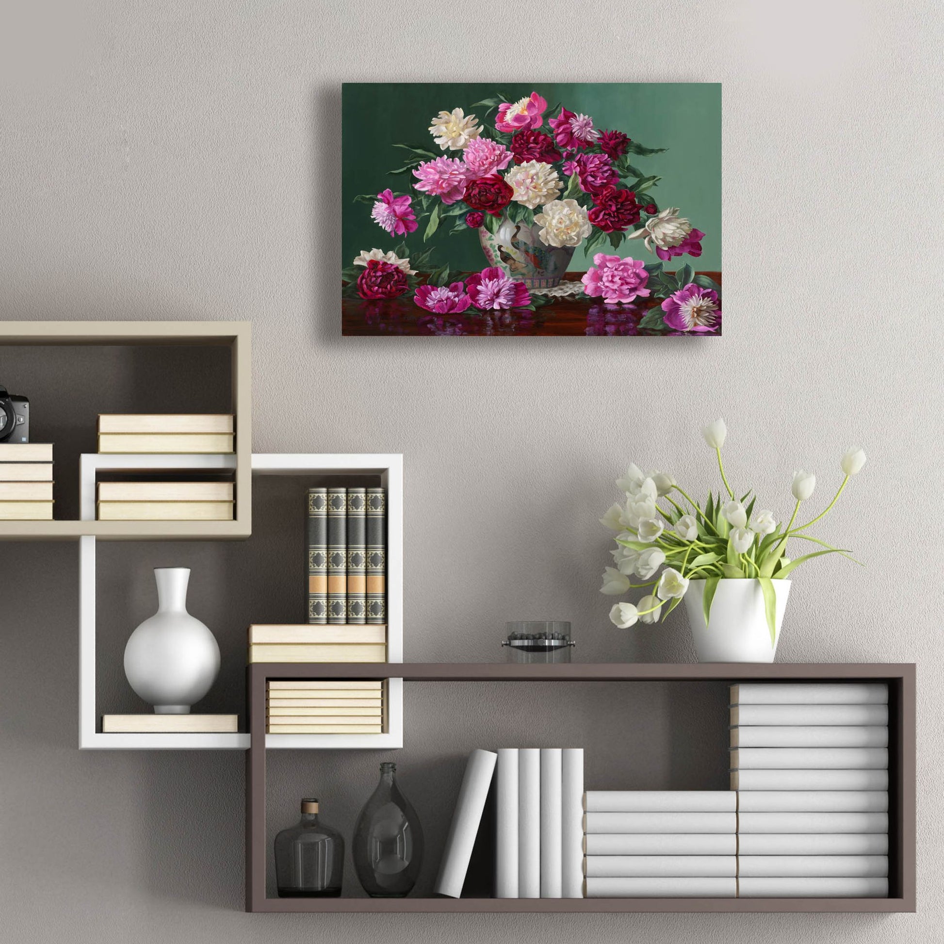 Epic Art 'Peonies In Peacock Vase' by Christopher Pierce, Acrylic Glass Wall Art,24x16