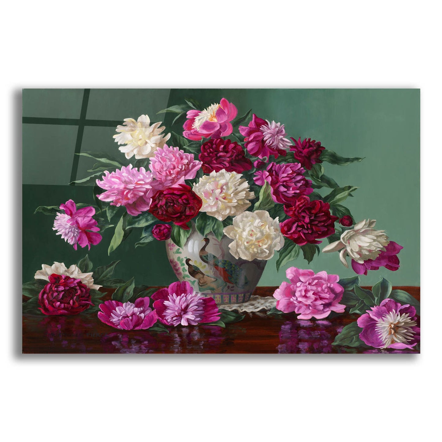 Epic Art 'Peonies In Peacock Vase' by Christopher Pierce, Acrylic Glass Wall Art,24x16