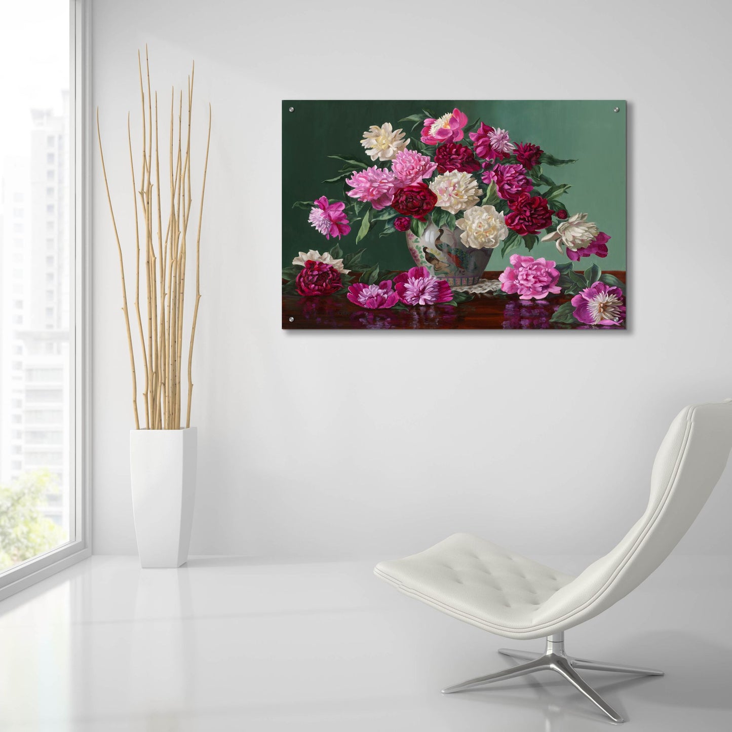 Epic Art 'Peonies In Peacock Vase' by Christopher Pierce, Acrylic Glass Wall Art,36x24