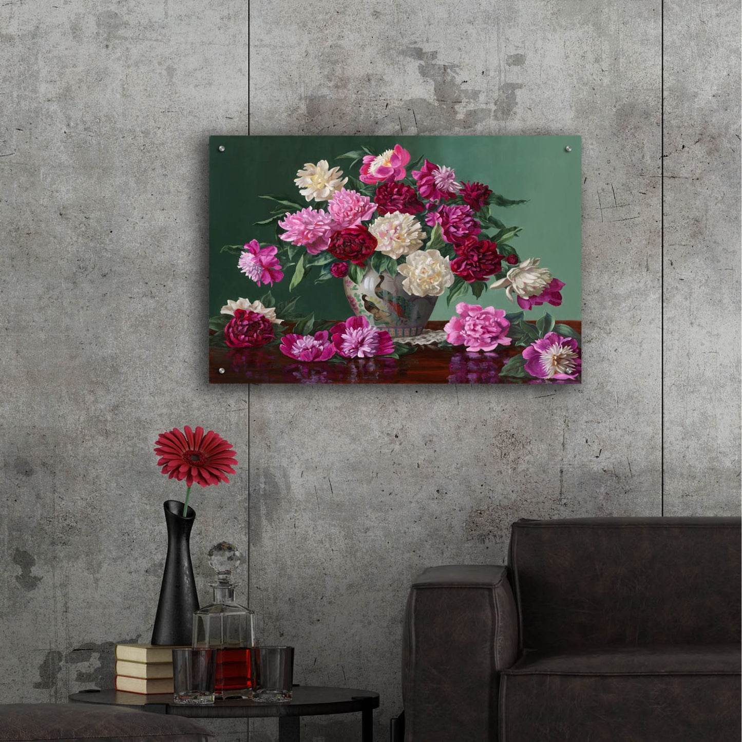 Epic Art 'Peonies In Peacock Vase' by Christopher Pierce, Acrylic Glass Wall Art,36x24