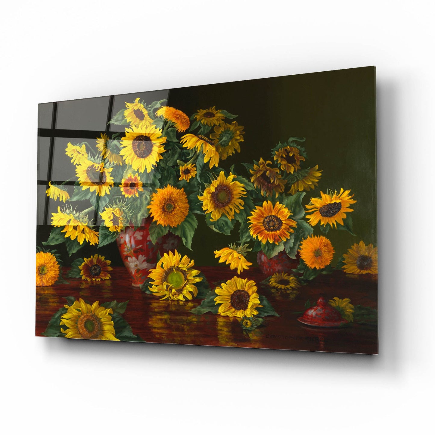 Epic Art 'Sunflowers With Two Crimson Vases' by Christopher Pierce, Acrylic Glass Wall Art,16x12