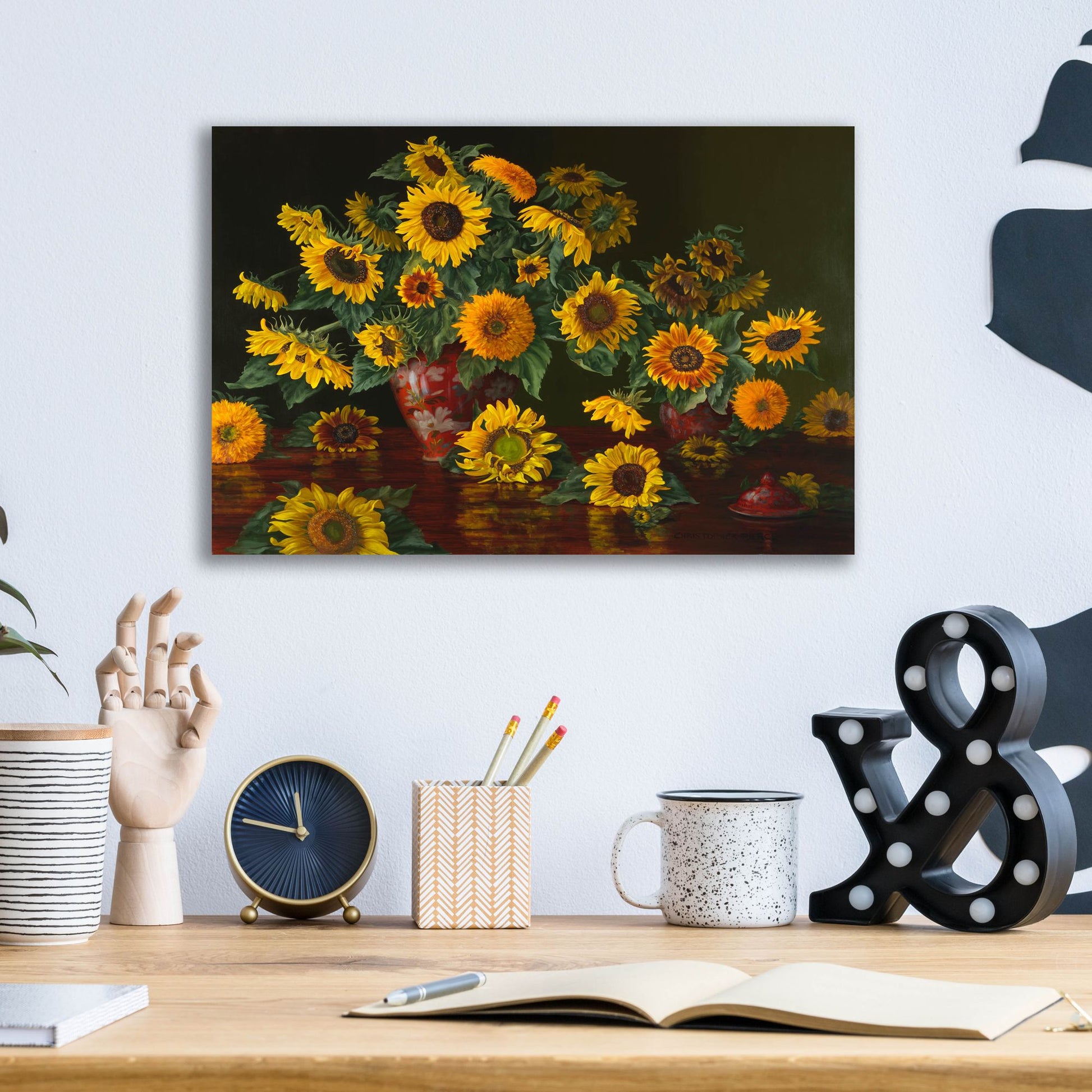 Epic Art 'Sunflowers With Two Crimson Vases' by Christopher Pierce, Acrylic Glass Wall Art,16x12